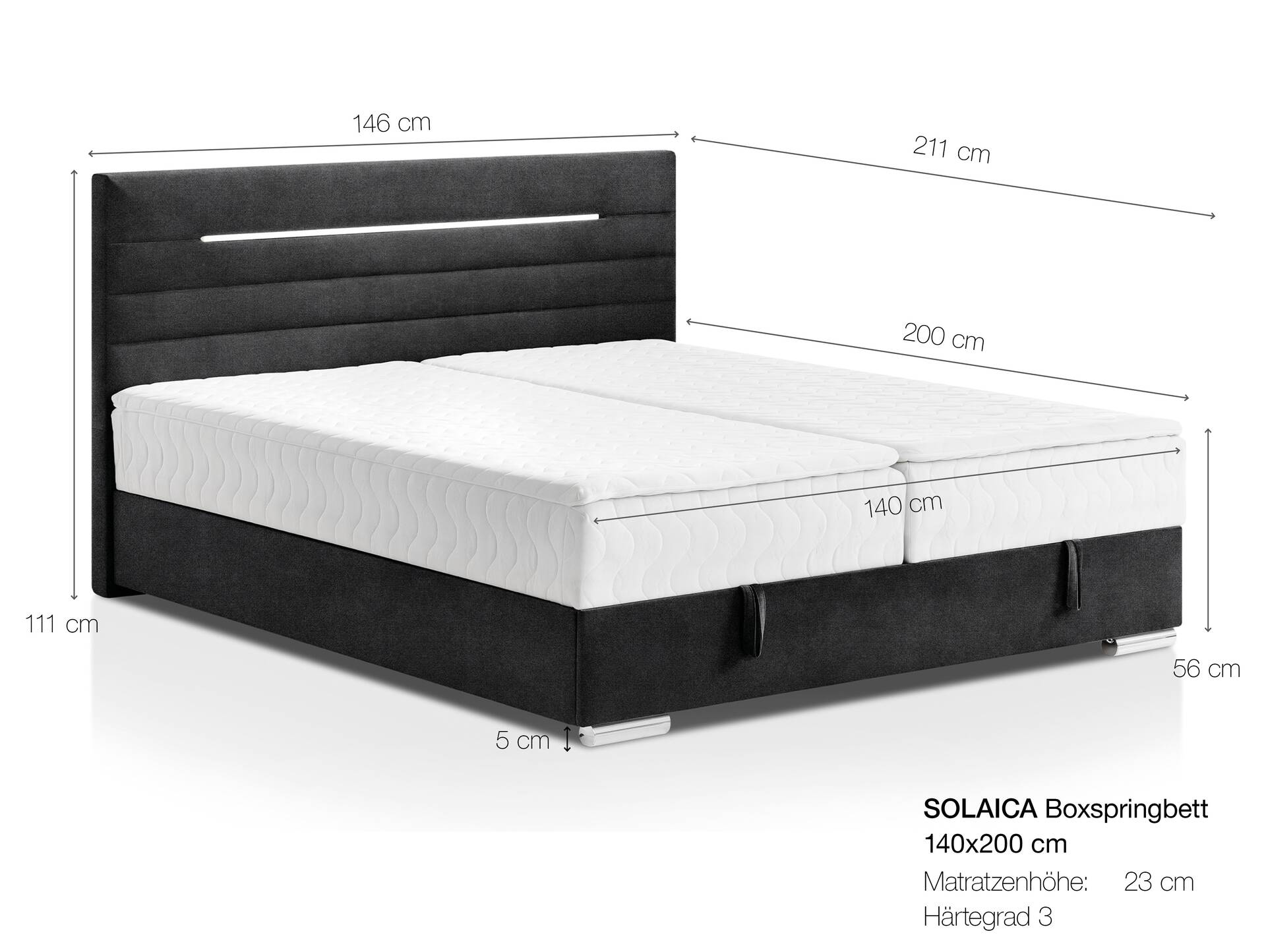 SOLAICA Boxspringbett mit Bettkasten, Härtegrad 3 140 x 200 cm