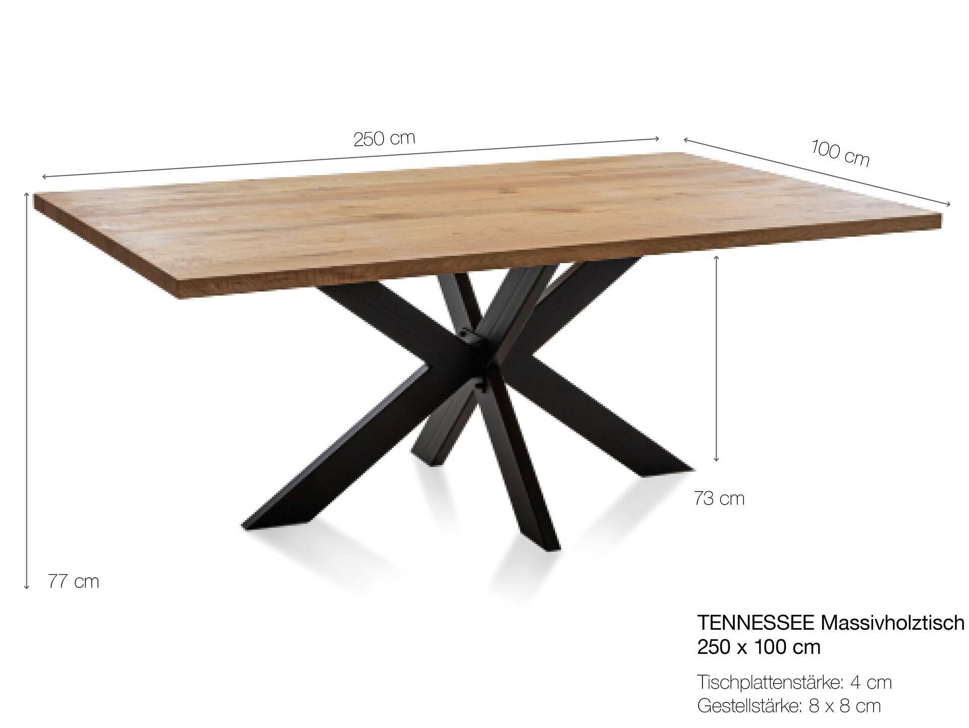 TENNESSEE II Massivholztisch mit Baumkante, Eiche/Metallgestell Doppel-X 250 x 100 cm