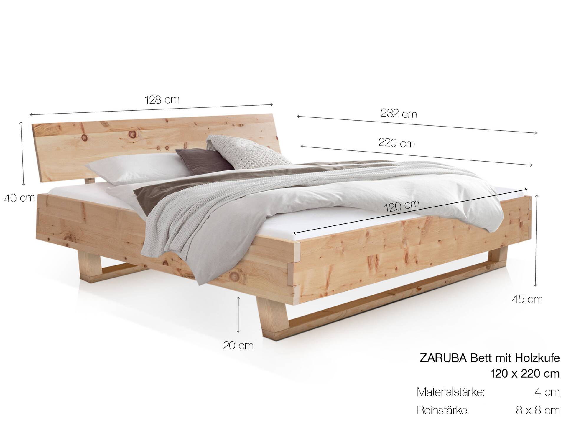 ZARUBA Zirbenbett mit Holz-Kufen/Holzkopfteil, Material Massivholz, Zirbe unbehandelt, mit/ohne Kopfteil 120 x 220 cm | mit Kopfteil