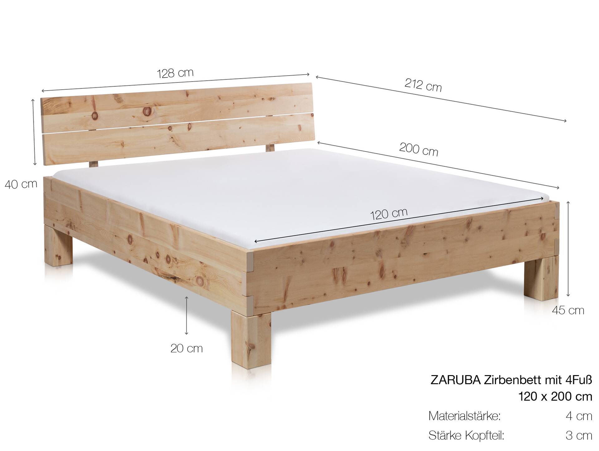 ZARUBA Zirbenbett mit 4-Fuß/Holzkopfteil, Material Massivholz, Zirbe unbehandelt 120 x 200 cm | Standardhöhe