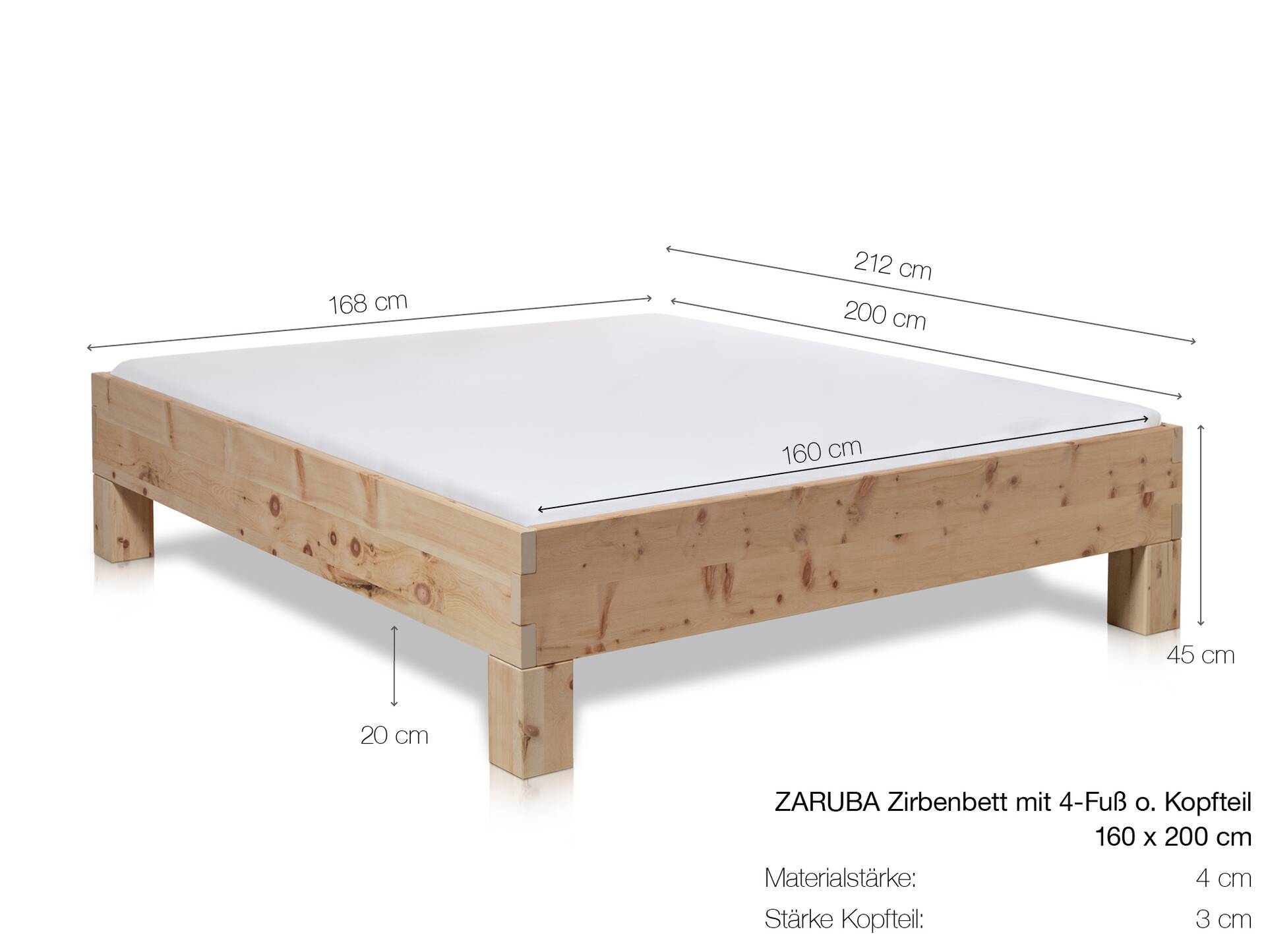 ZARUBA Zirbenbett mit 4-Fuß, Material Massivholz, Zirbe unbehandelt, mit/ohne Kopfteil 160 x 200 cm | Standardhöhe | ohne Kopfteil