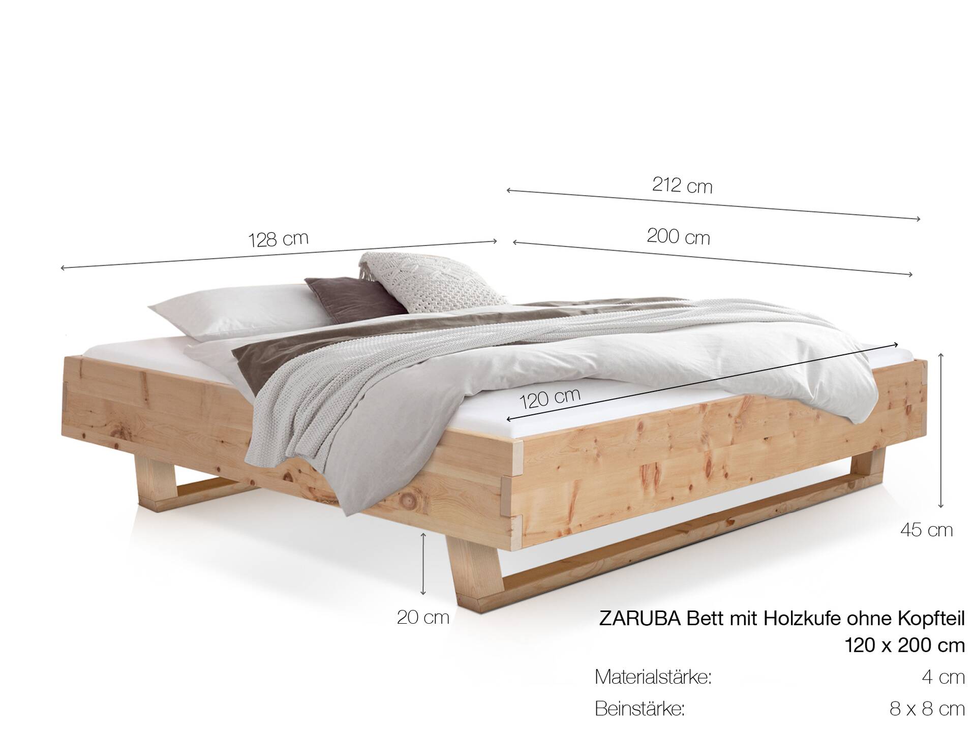 ZARUBA Zirbenbett mit Holz-Kufen/Holzkopfteil, Material Massivholz, Zirbe unbehandelt, mit/ohne Kopfteil 120 x 200 cm | ohne Kopfteil