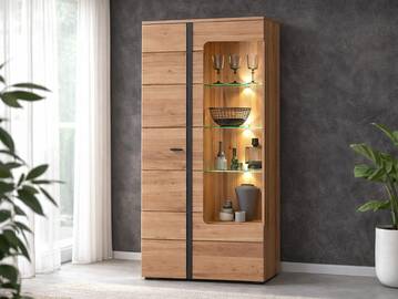 SAN MARINO Standvitrine, Material Teilmassiv, Altesche gebürstet / Artisan eichefarbig