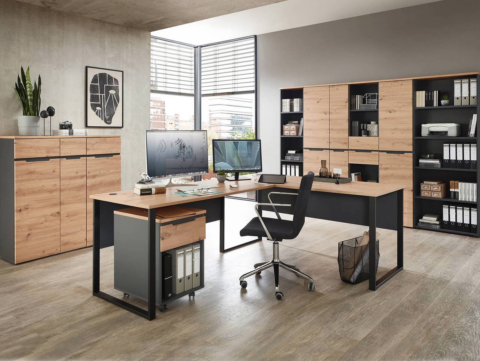 MAILAND Komplettbüro, Material Dekorspanplatte Artisan Eichefarbig / Graphit
