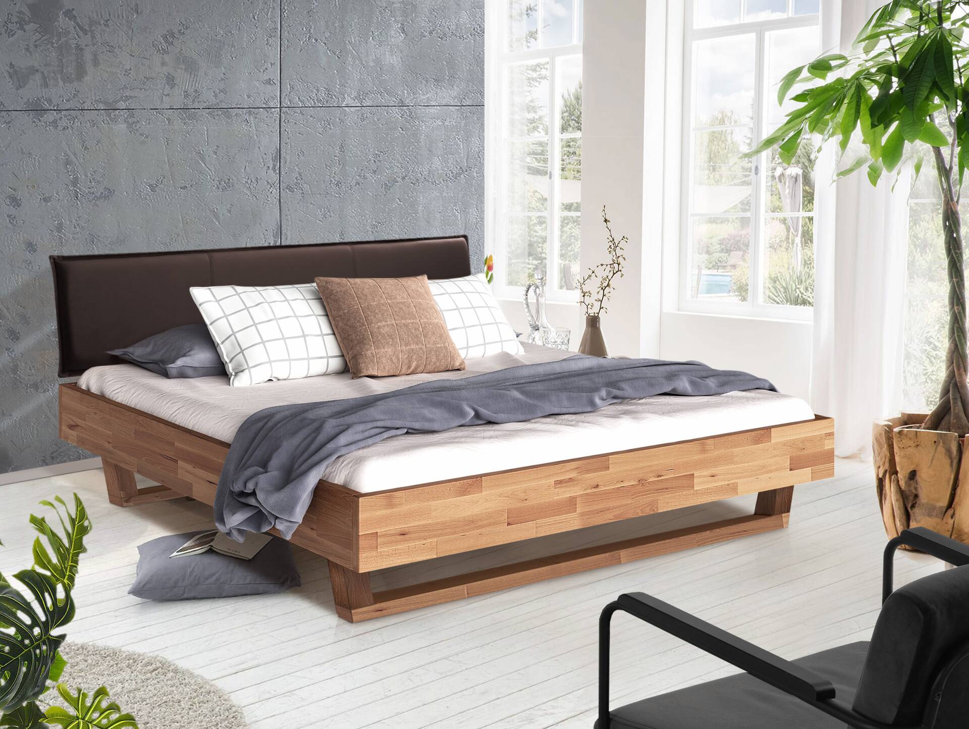 LÖWEN Holz-Kufenbett mit Polsterkopfteil, Material Massivholz 90 x 200 cm | Buche unbehandelt | Kunstleder Braun ohne Steppung