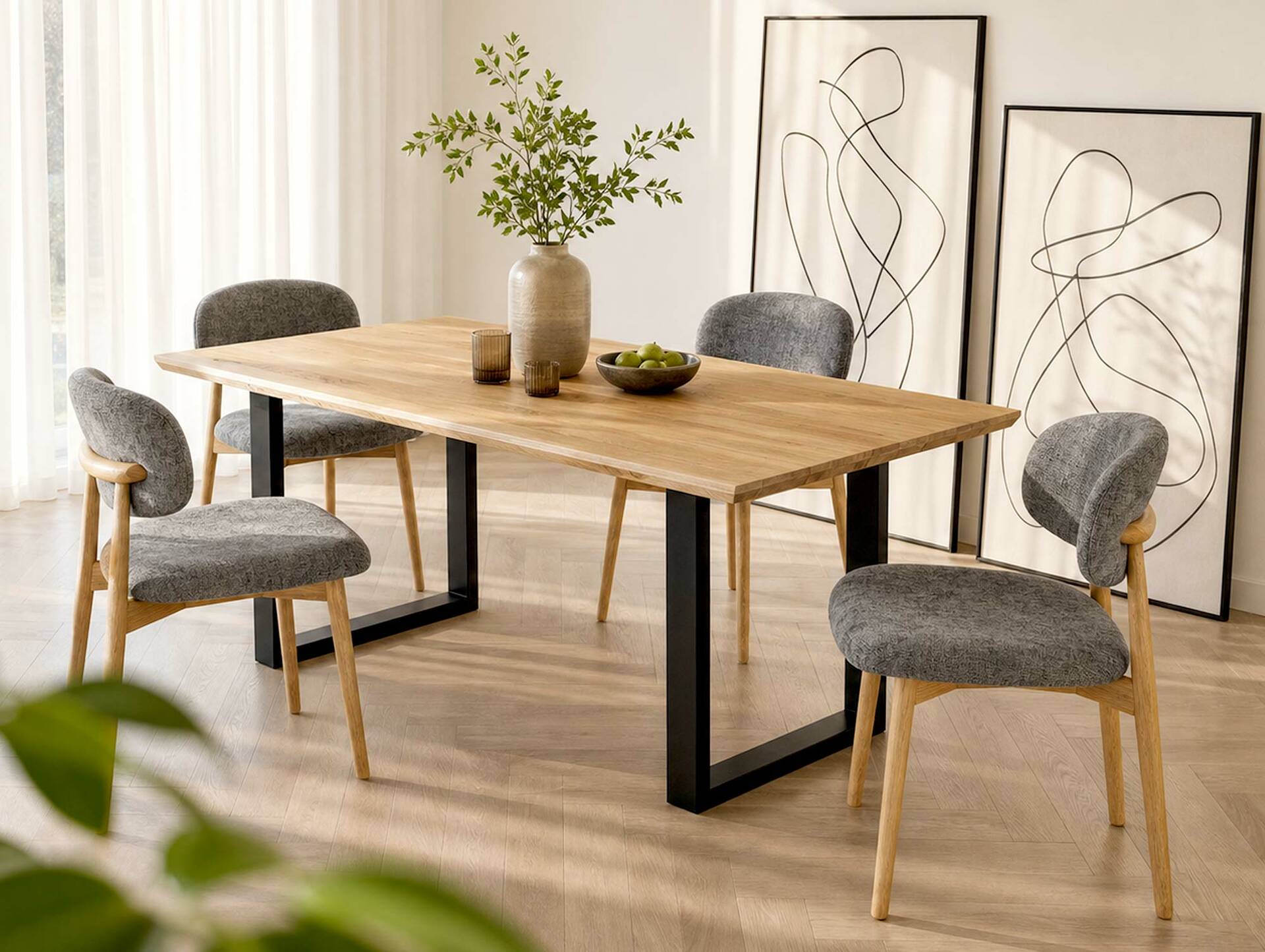 DAYTONA Esstisch I mit Schweizer Kante, Material Massivholz Eiche, Beine Metall schwarz pulverbeschichtet 160 x 90 cm