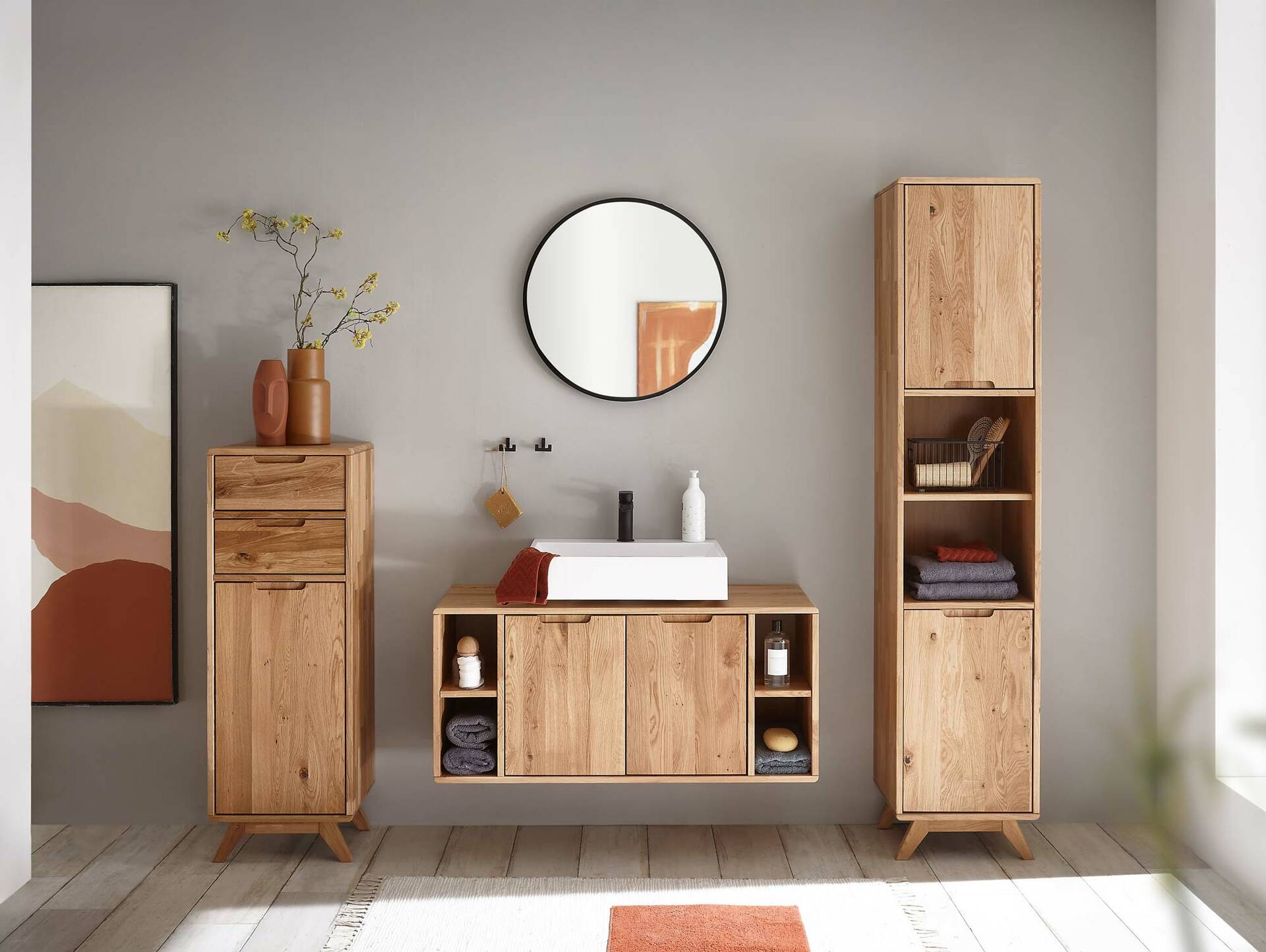 LEONARD Waschbeckenunterschrank II, Material Massivholz, Wildeiche geölt 