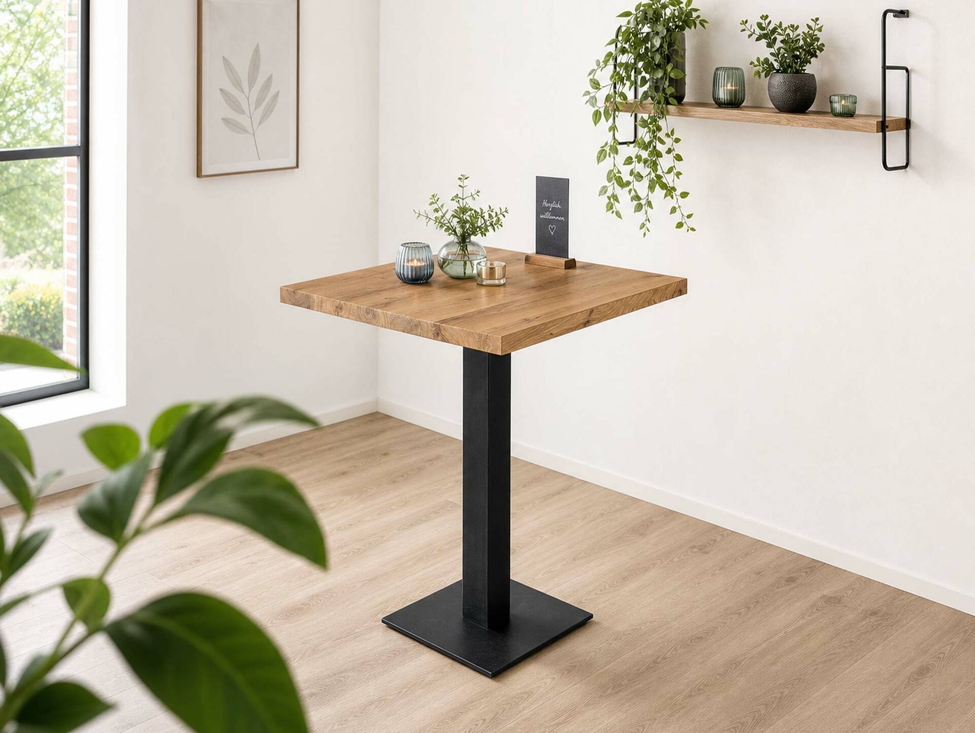GASTRO Bartisch, Material Massivholz/Metall, Eiche lackiert 90 x 90 cm