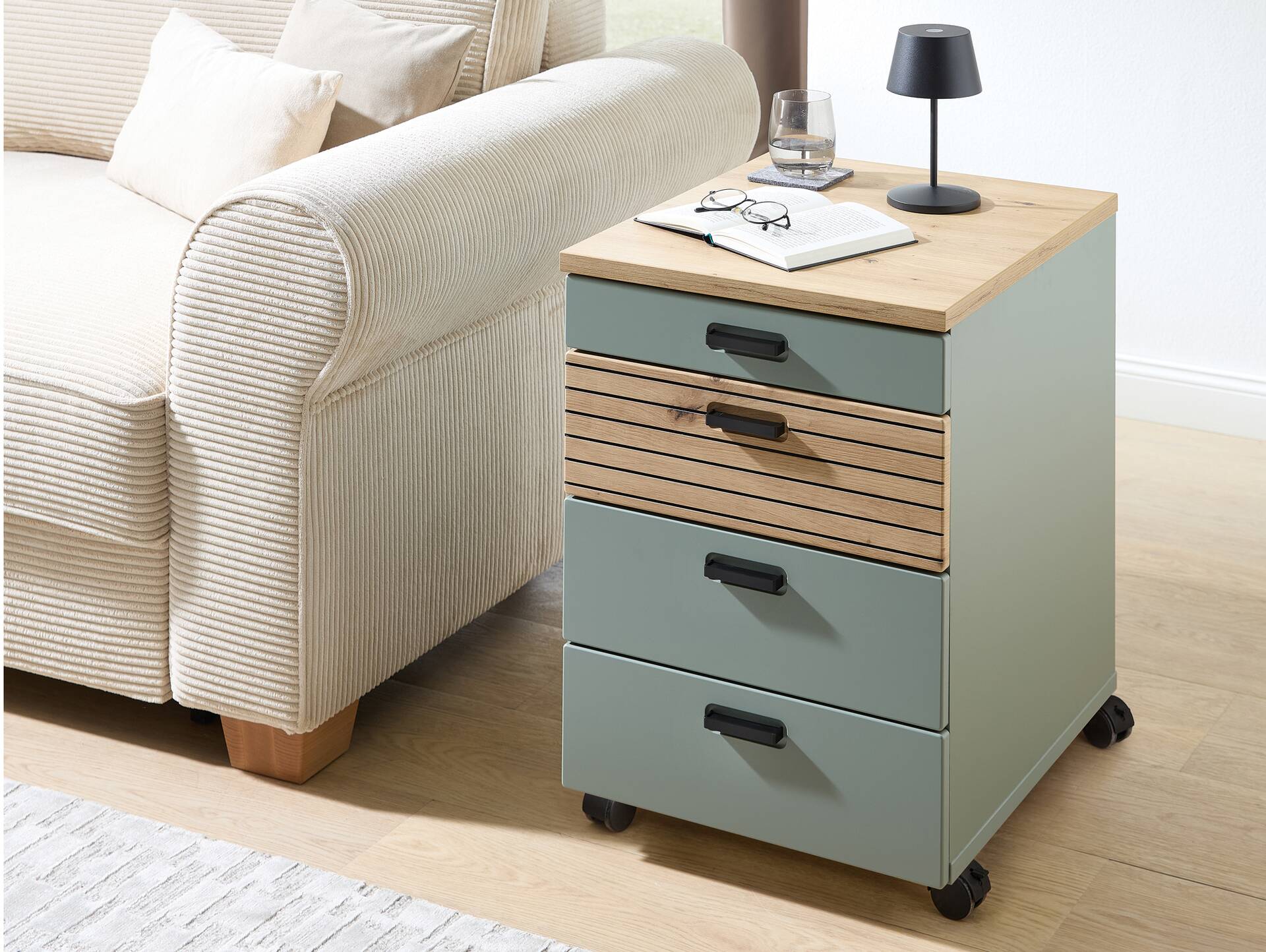 GENNY Rollcontainer, Material Dekorspanplatte Schilfgrün / Artisan Eichefarbig