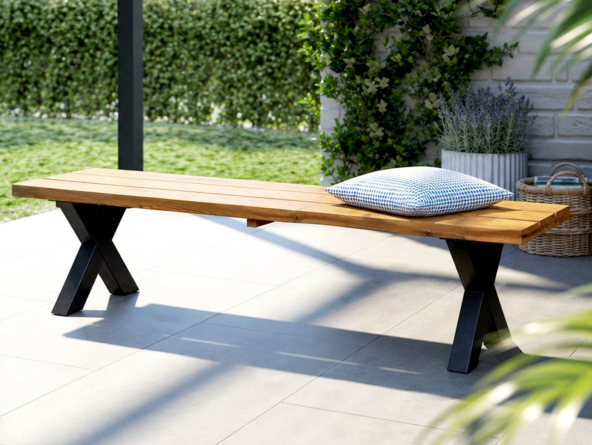 KENTUCKY Sitzbank / Gartenbank mit X-Beinen, Altholzoptik, Material Massivholz, THERMO-Fichte gebürstet/lasiert 160 cm | ohne Rückenlehne | natur