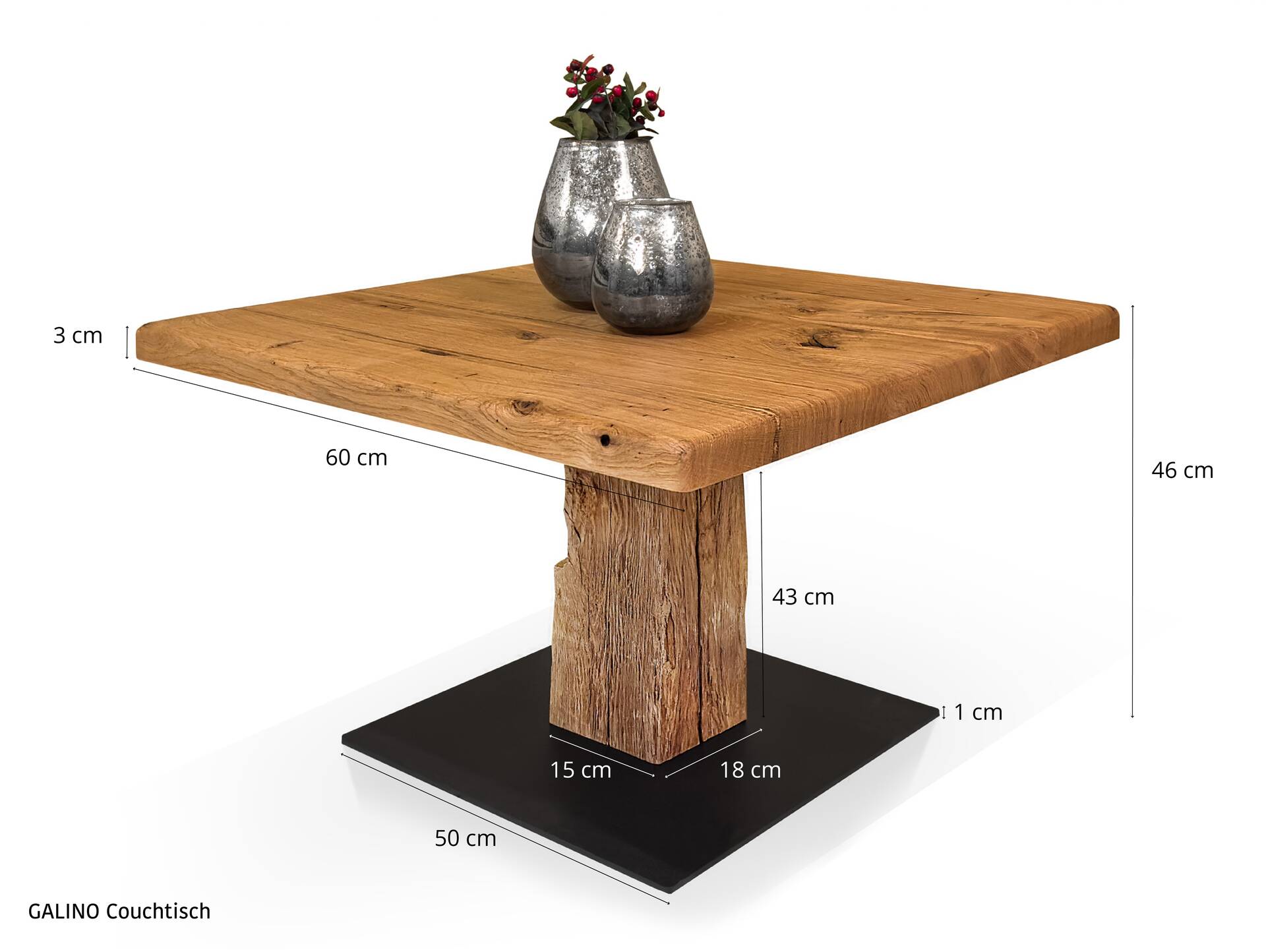 GALINO Couchtisch, Material Massivholz/Metall, Alteiche geölt/schwarz 60 x 60 cm 