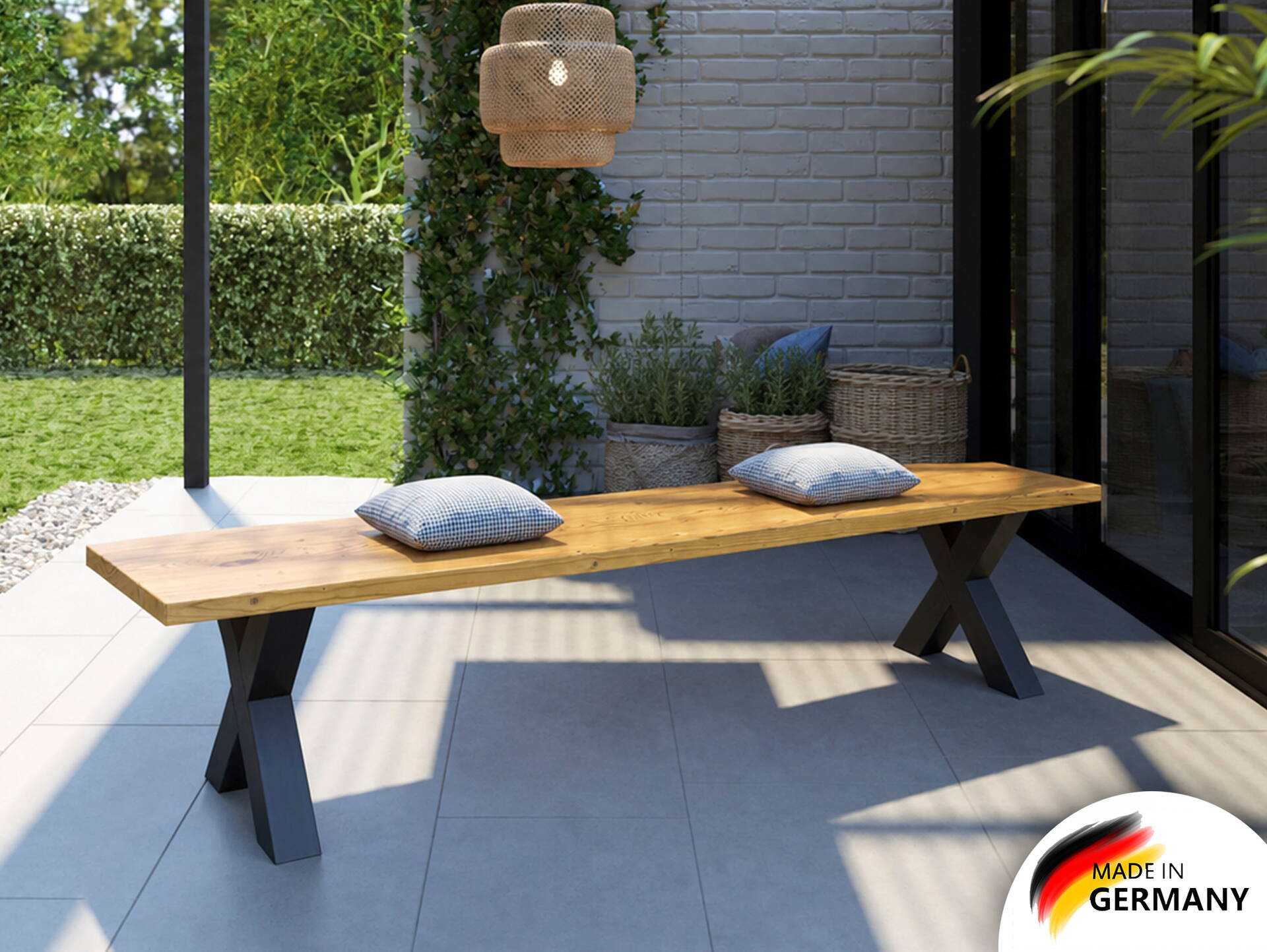 ALABAMA Sitzbank mit X-Beinen, Altholzoptik, Material Massivholz, THERMO-Fichte lasiert 160 cm | ohne Rückenlehne | natur