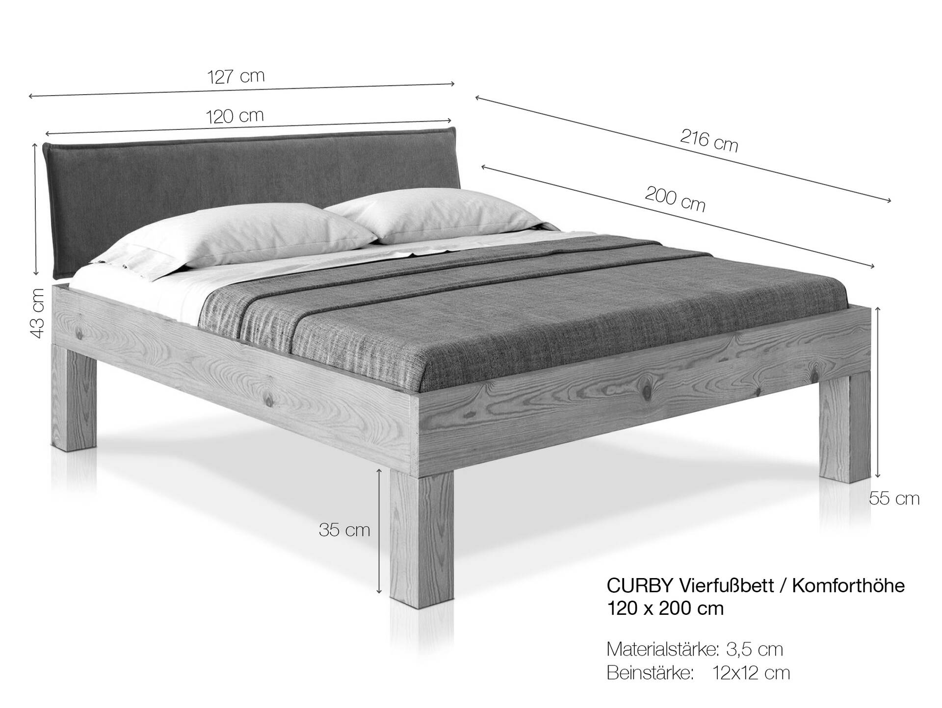 CURBY 4-Fuß-Bett mit Polster-Kopfteil, Material Massivholz, rustikale Altholzoptik, Fichte 120 x 200 cm | vintage | Kunstleder Schwarz ohne Steppung | Komforthöhe