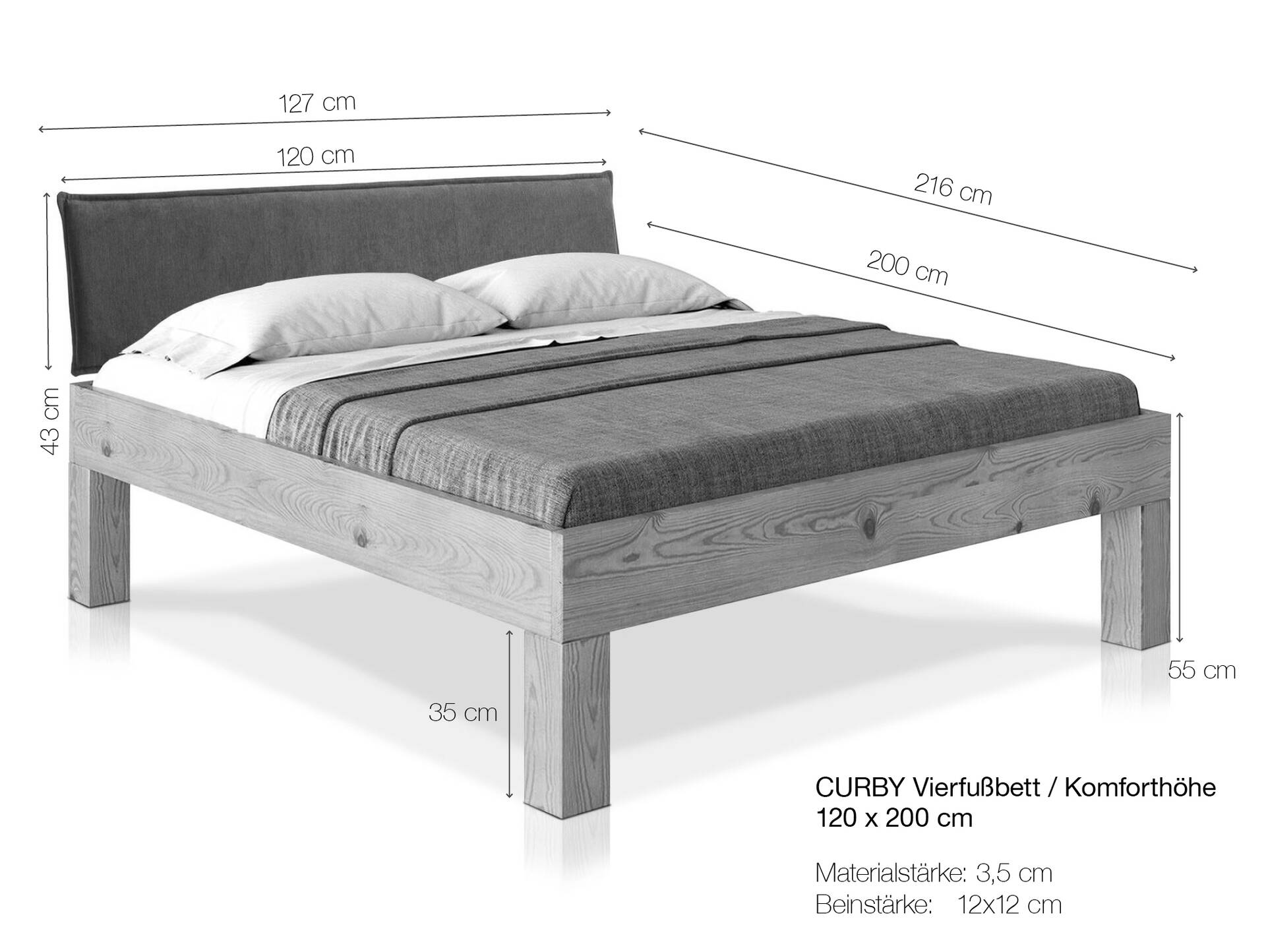 CURBY 4-Fuß-Bett mit Polsterkopfteil, Material Massivholz, rustikale Altholzoptik, Fichte 120 x 200 cm | vintage | Kunstleder Schwarz ohne Steppung | Komforthöhe