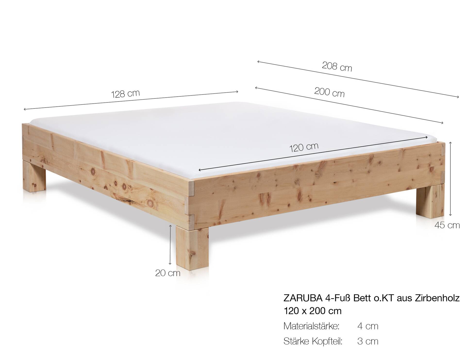 ZARUBA 4-Fuß-Zirbenbett ohne Kopfteil, Material Massivholz 120 x 200 cm | Standardhöhe
