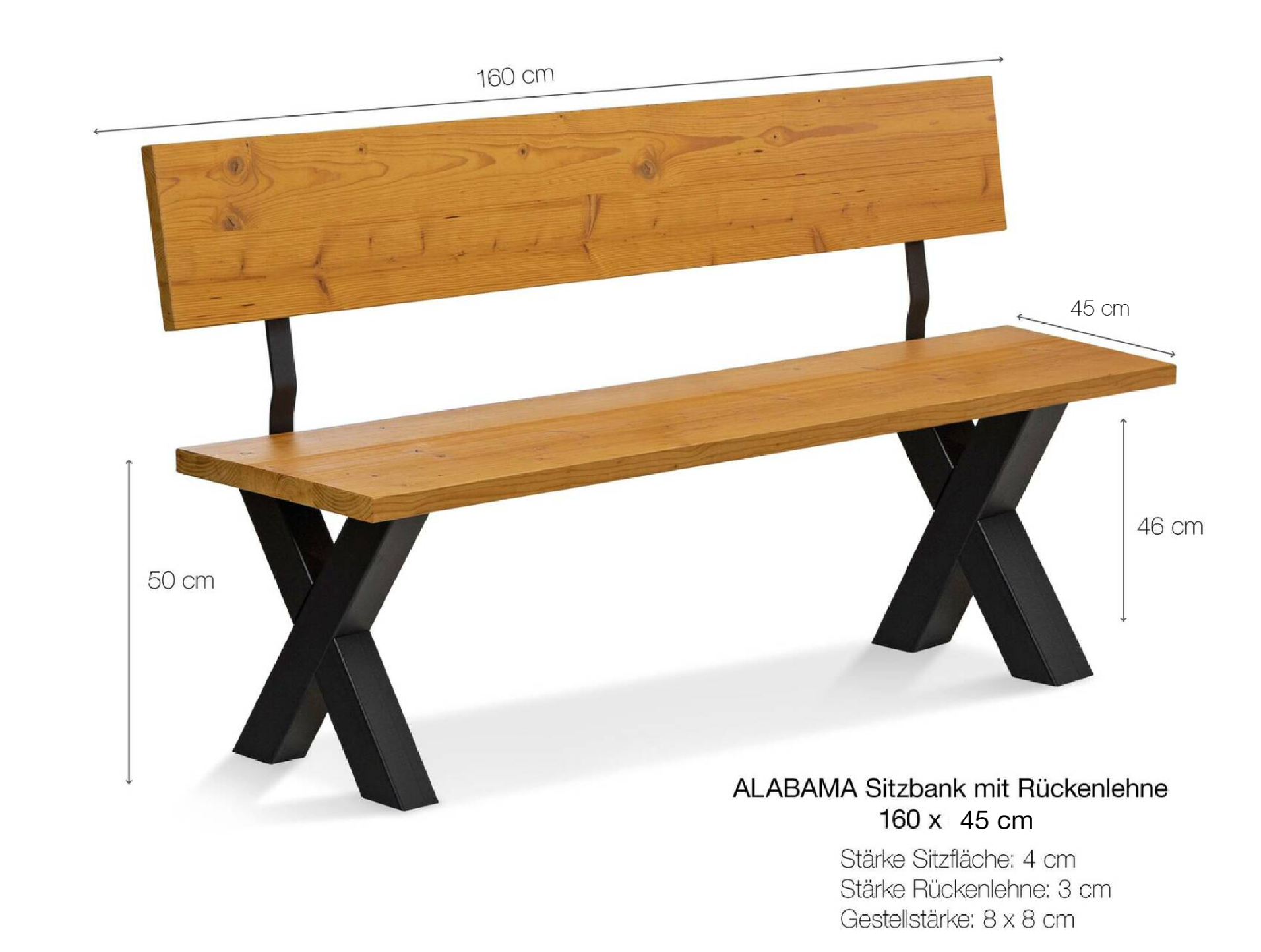 ALABAMA Sitzbank mit X-Beinen, Altholzoptik, Material Massivholz, THERMO-Fichte lackiert 160 cm | mit Rückenlehne | vintage