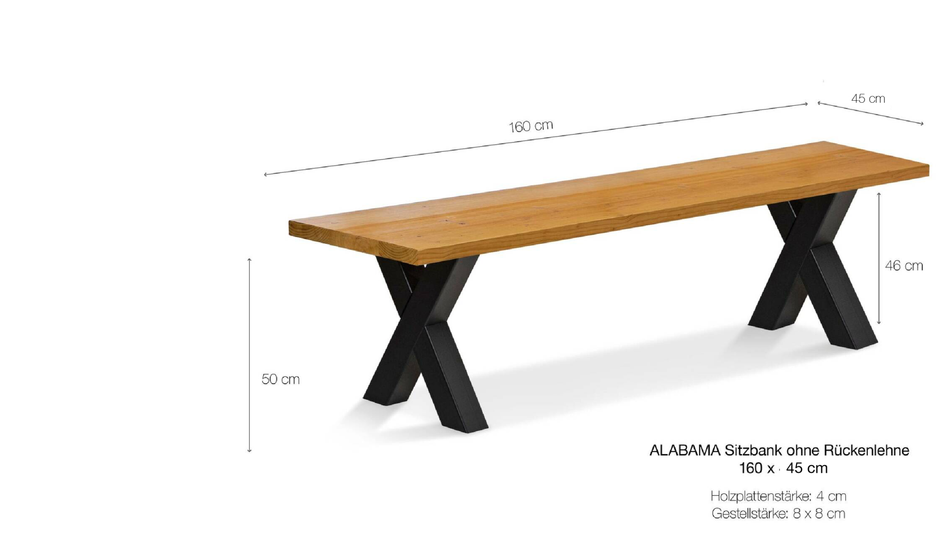 ALABAMA Sitzbank mit X-Beinen, Altholzoptik, Material Massivholz, THERMO-Fichte lackiert 160 cm | ohne Rückenlehne | vintage