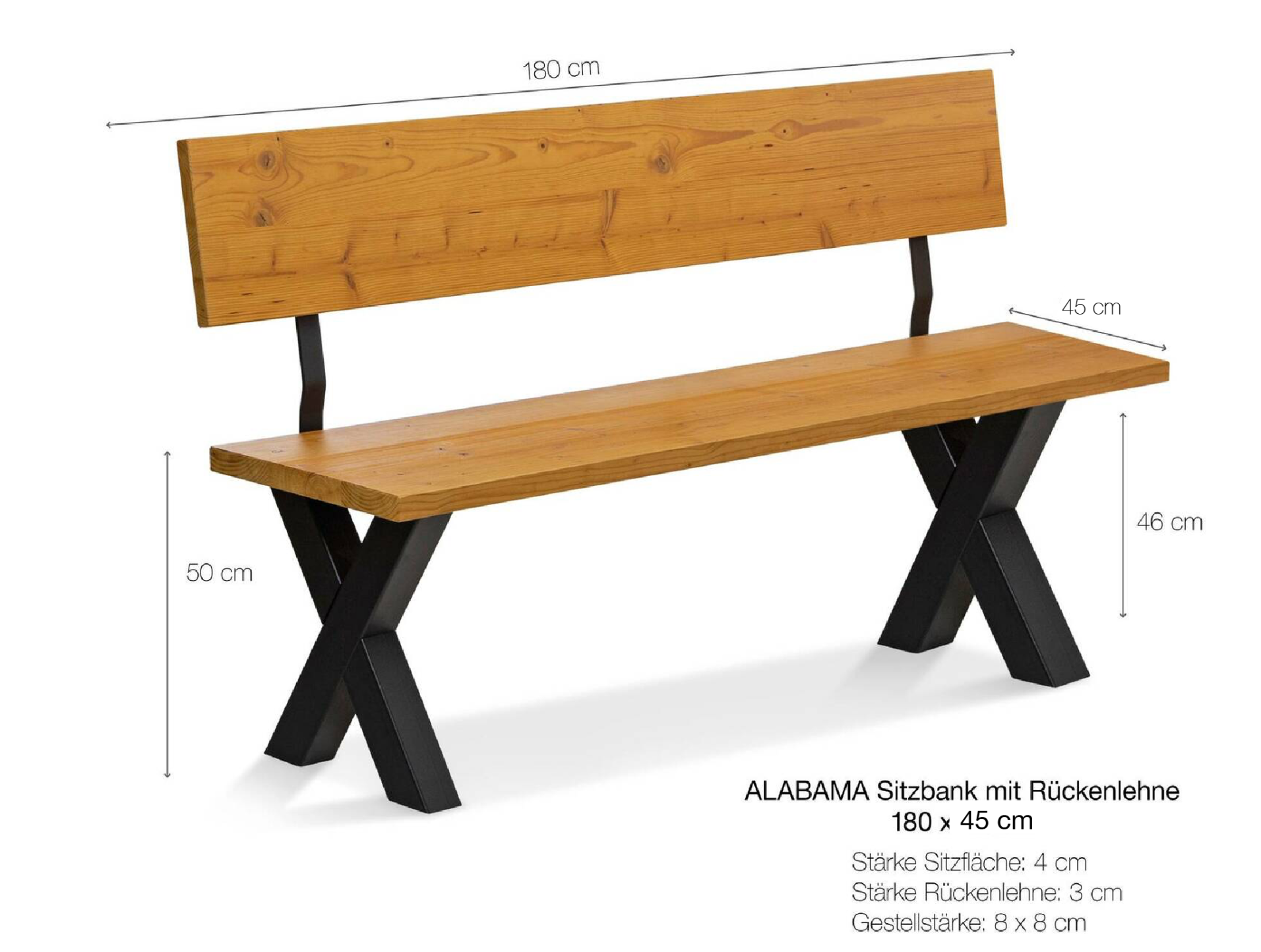 ALABAMA Sitzbank mit X-Beinen, Altholzoptik, Material Massivholz, THERMO-Fichte lackiert 180 cm | mit Rückenlehne | natur