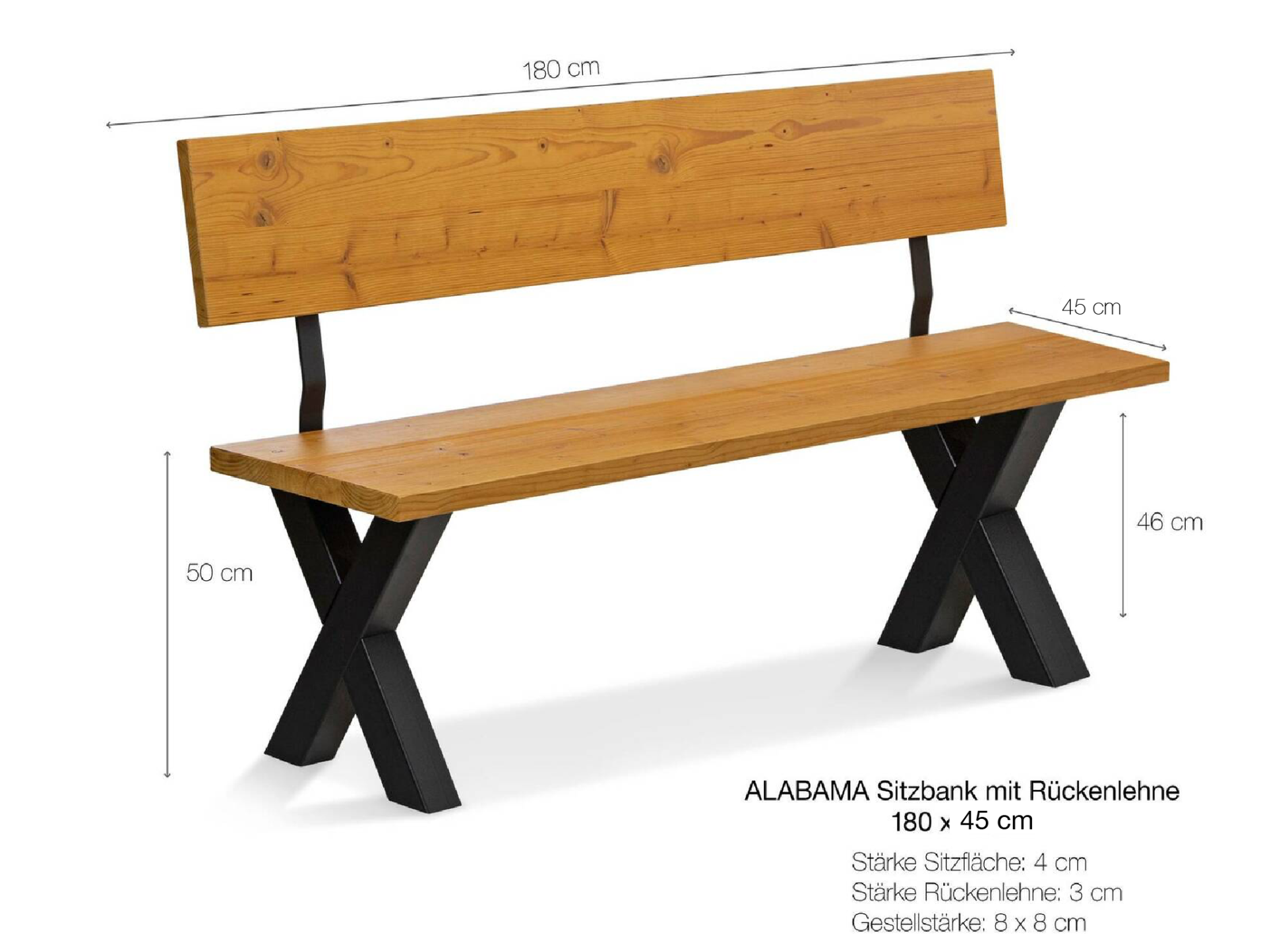 ALABAMA Sitzbank mit X-Beinen, Altholzoptik, Material Massivholz, THERMO-Fichte lackiert 180 cm | mit Rückenlehne | vintage