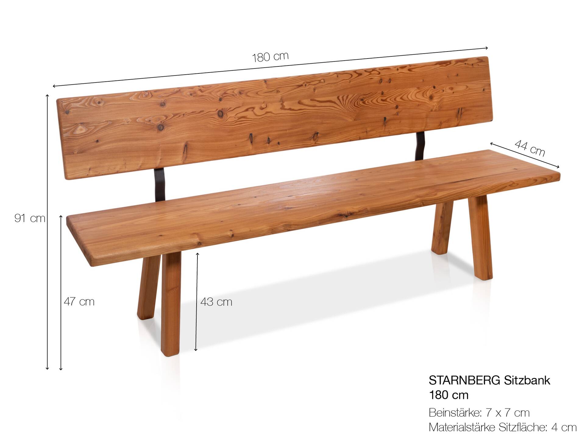 STARNBERG Sitzbank mit Rücken, Material Massivholz, Lärche gedämpft 180 cm | lackiert