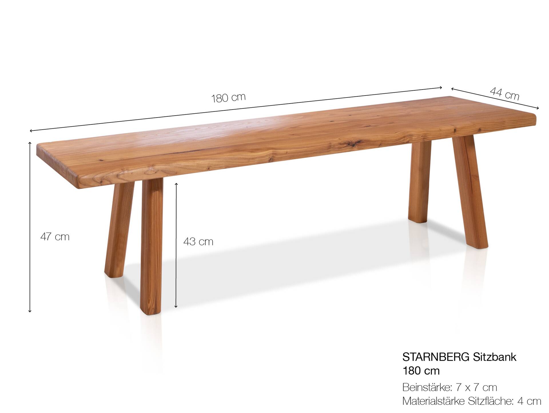 STARNBERG Sitzbank ohne Rücken, Material Massivholz, Lärche gedämpft 180 cm | lackiert