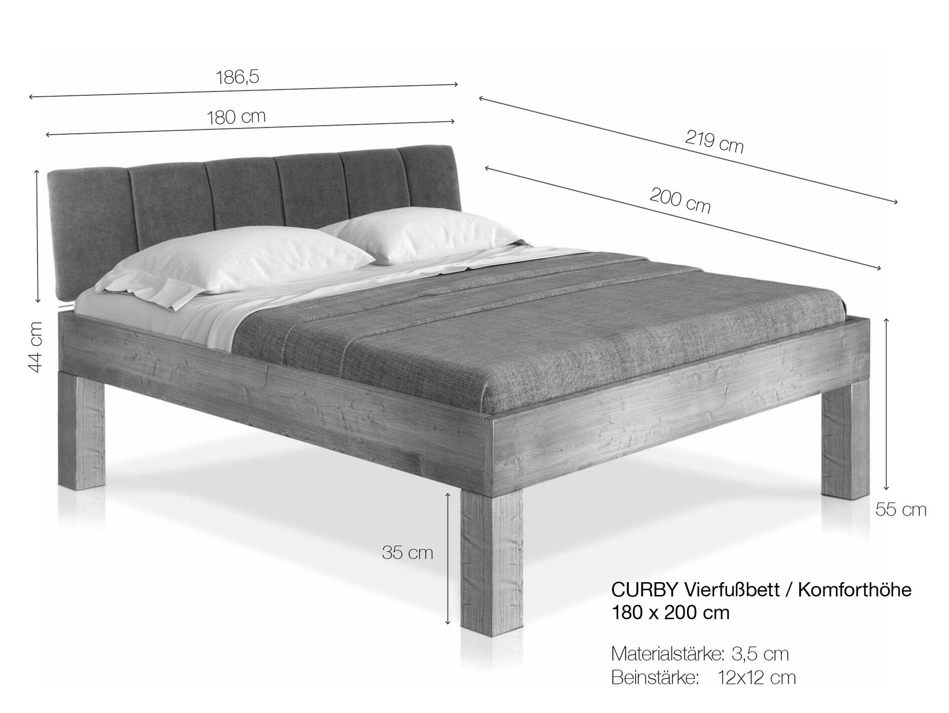 CURBY 4-Fuß-Bett mit Polster-Kopfteil, Material Massivholz, rustikale Altholzoptik, Fichte 180 x 200 cm | vintage | Stoff Anthrazit mit Steppung | Komforthöhe