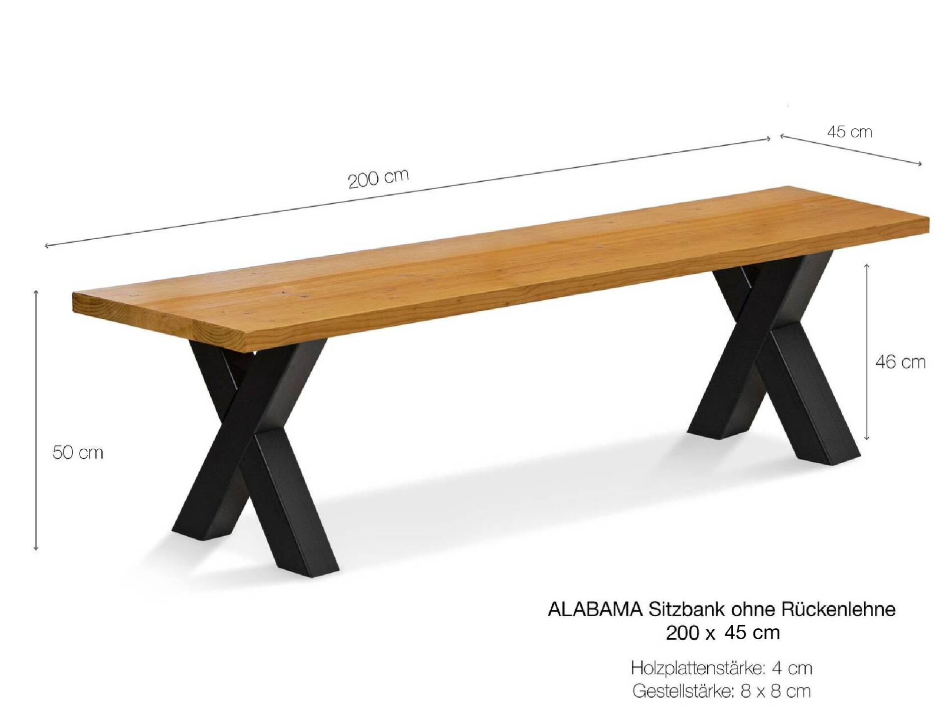 ALABAMA Sitzbank mit X-Beinen, Altholzoptik, Material Massivholz, THERMO-Fichte lackiert 200 cm | ohne Rückenlehne | natur