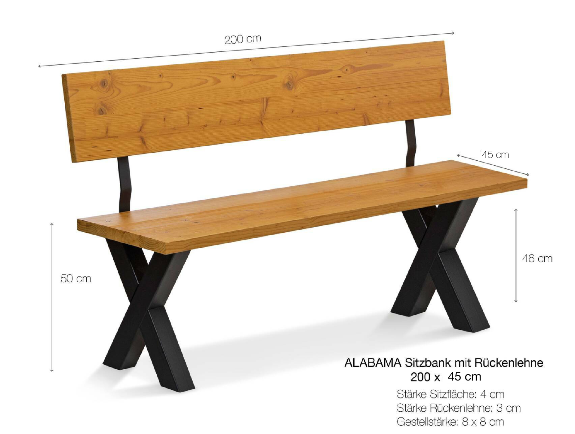 ALABAMA Sitzbank mit X-Beinen, Altholzoptik, Material Massivholz, THERMO-Fichte lackiert 200 cm | mit Rückenlehne | natur