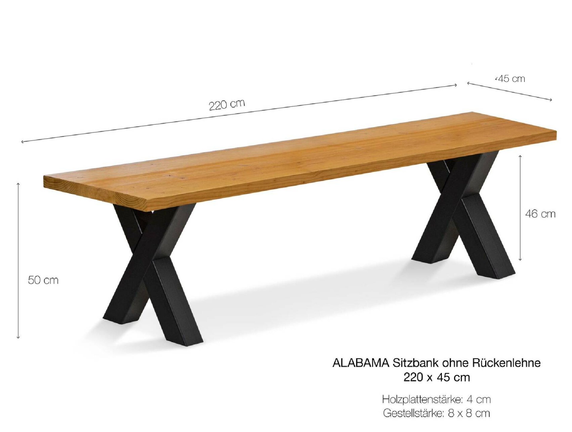 ALABAMA Sitzbank mit X-Beinen, Altholzoptik, Material Massivholz, THERMO-Fichte lackiert 220 cm | ohne Rückenlehne | vintage