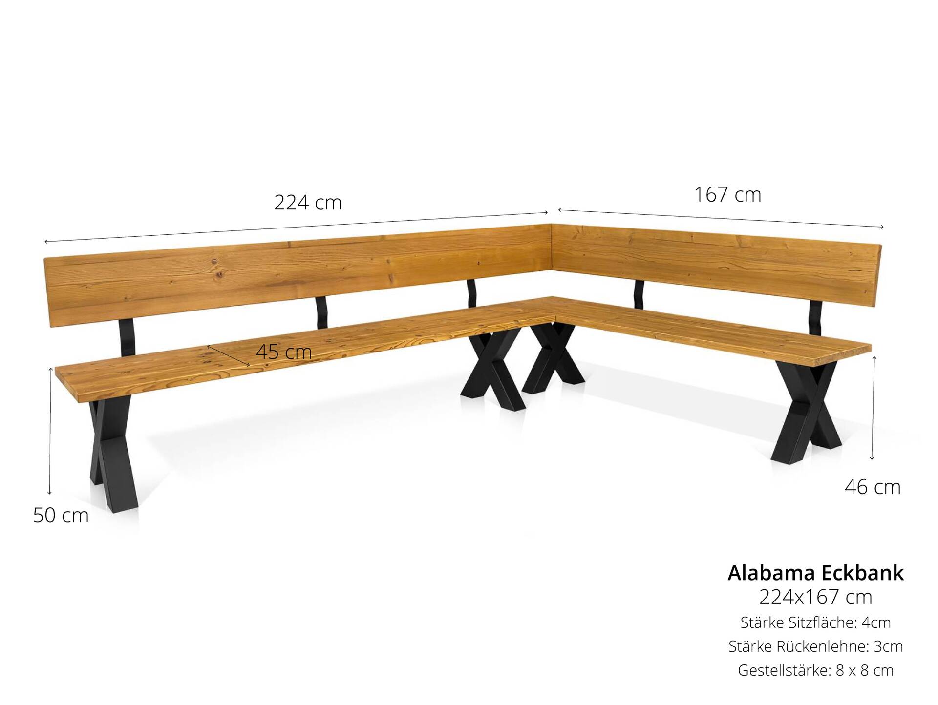 ALABAMA Eckbank mit X-Beinen, Altholzoptik, Material Massivholz, THERMO-Fichte lasiert 224 x 167 cm | natur