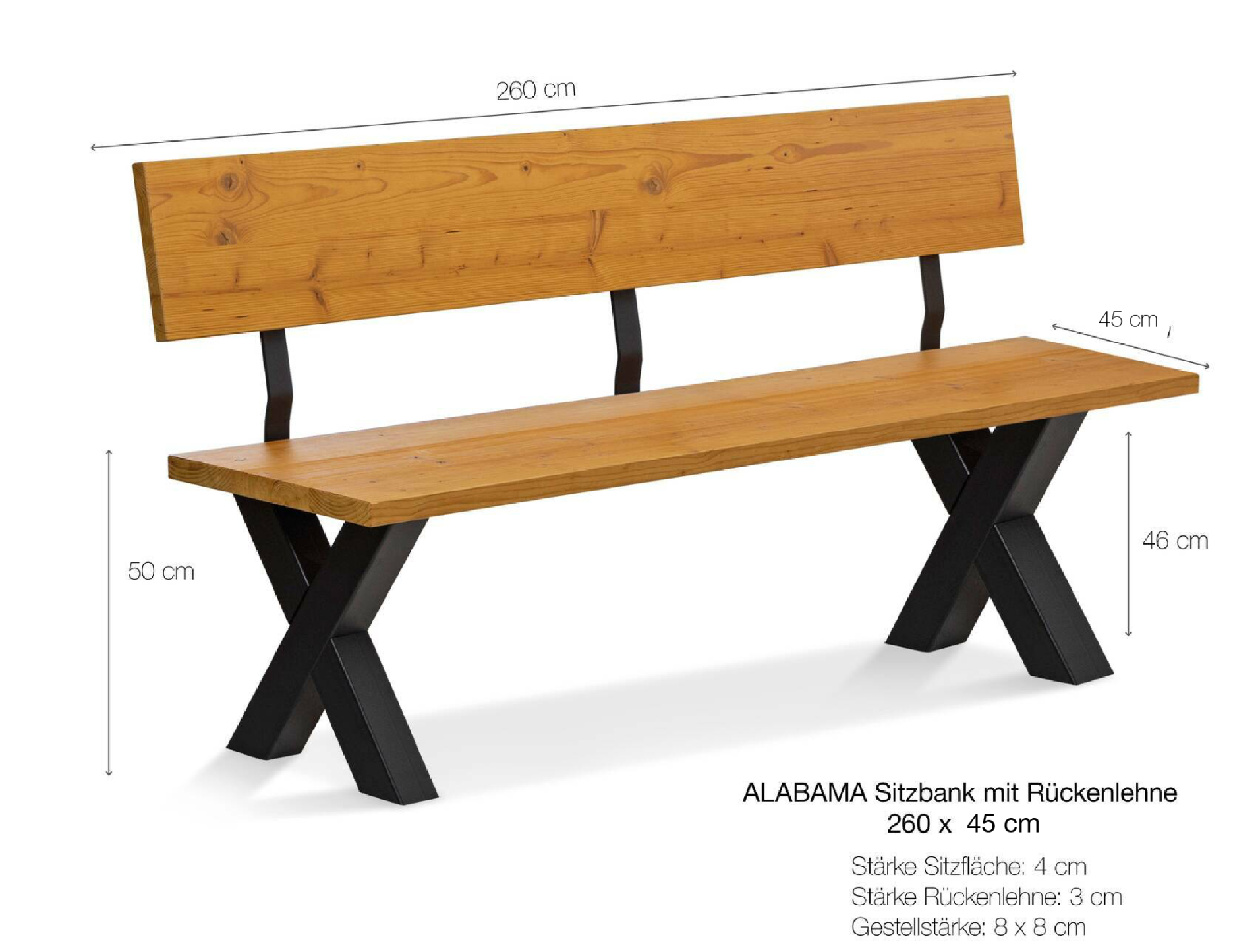 ALABAMA Sitzbank mit X-Beinen, Altholzoptik, Material Massivholz, THERMO-Fichte lackiert 260 cm | mit Rückenlehne | natur