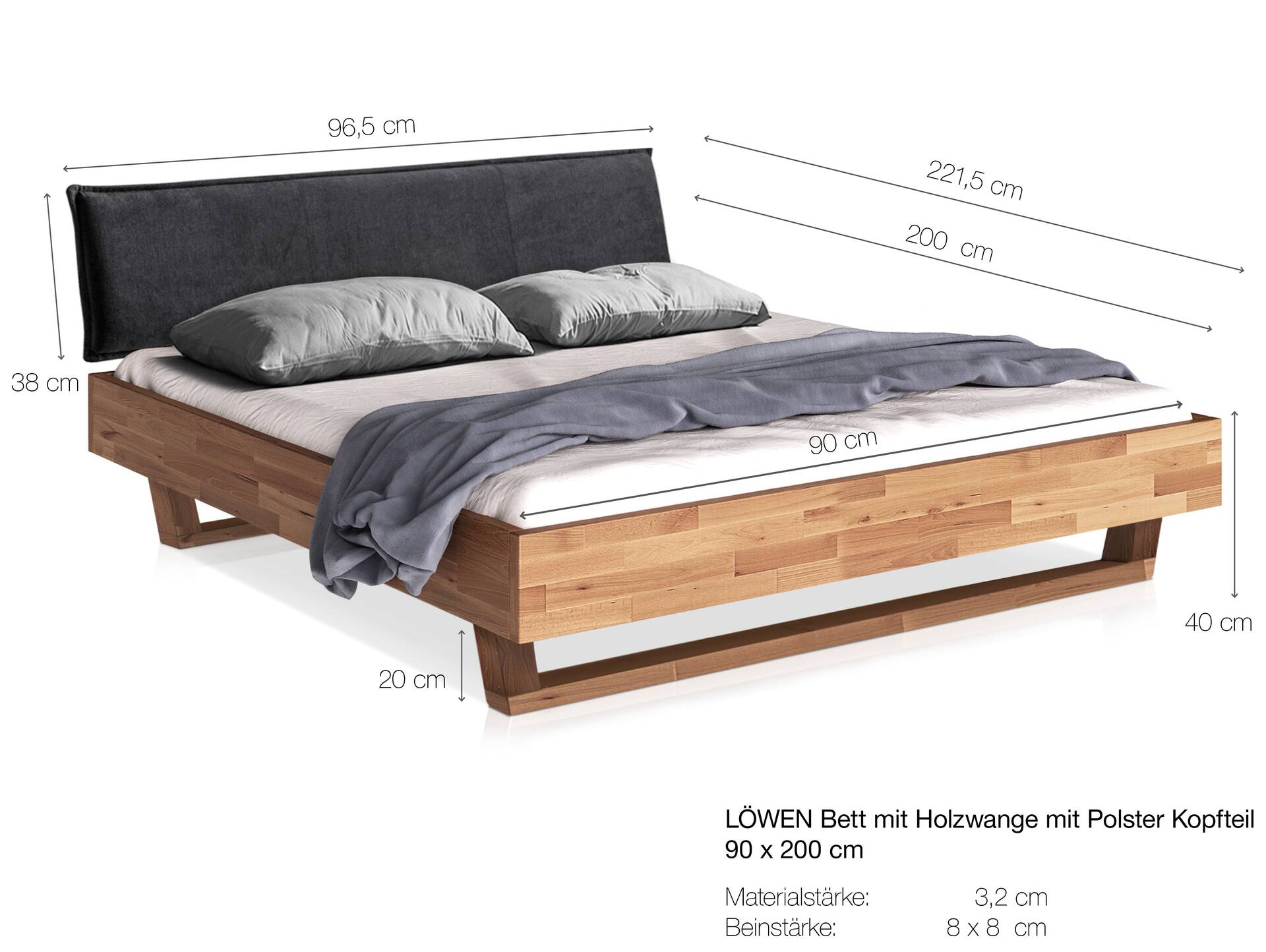 LÖWEN Holz-Kufenbett mit Polsterkopfteil, Material Massivholz 90 x 200 cm | Buche unbehandelt | Kunstleder Braun ohne Steppung