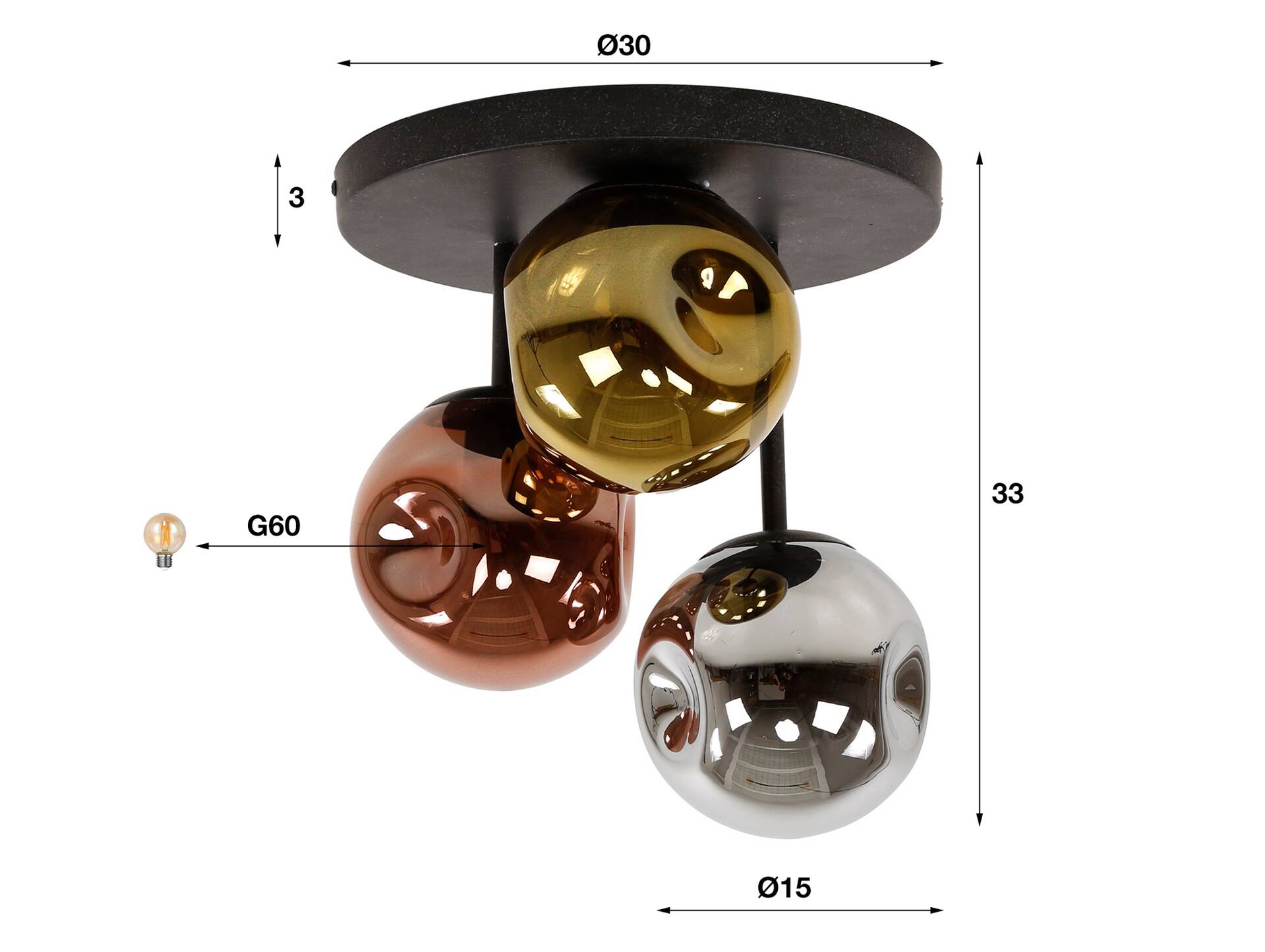 LIYA Deckenleuchte, 3-flammig, Material Glas, 3-farbig 
