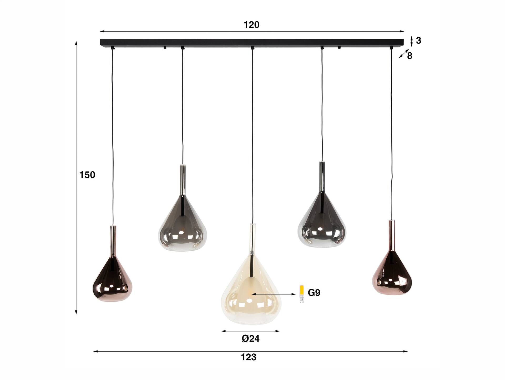 HELIN Pendelleuchte, 5-flammig, Material Glas, 3-farbig 