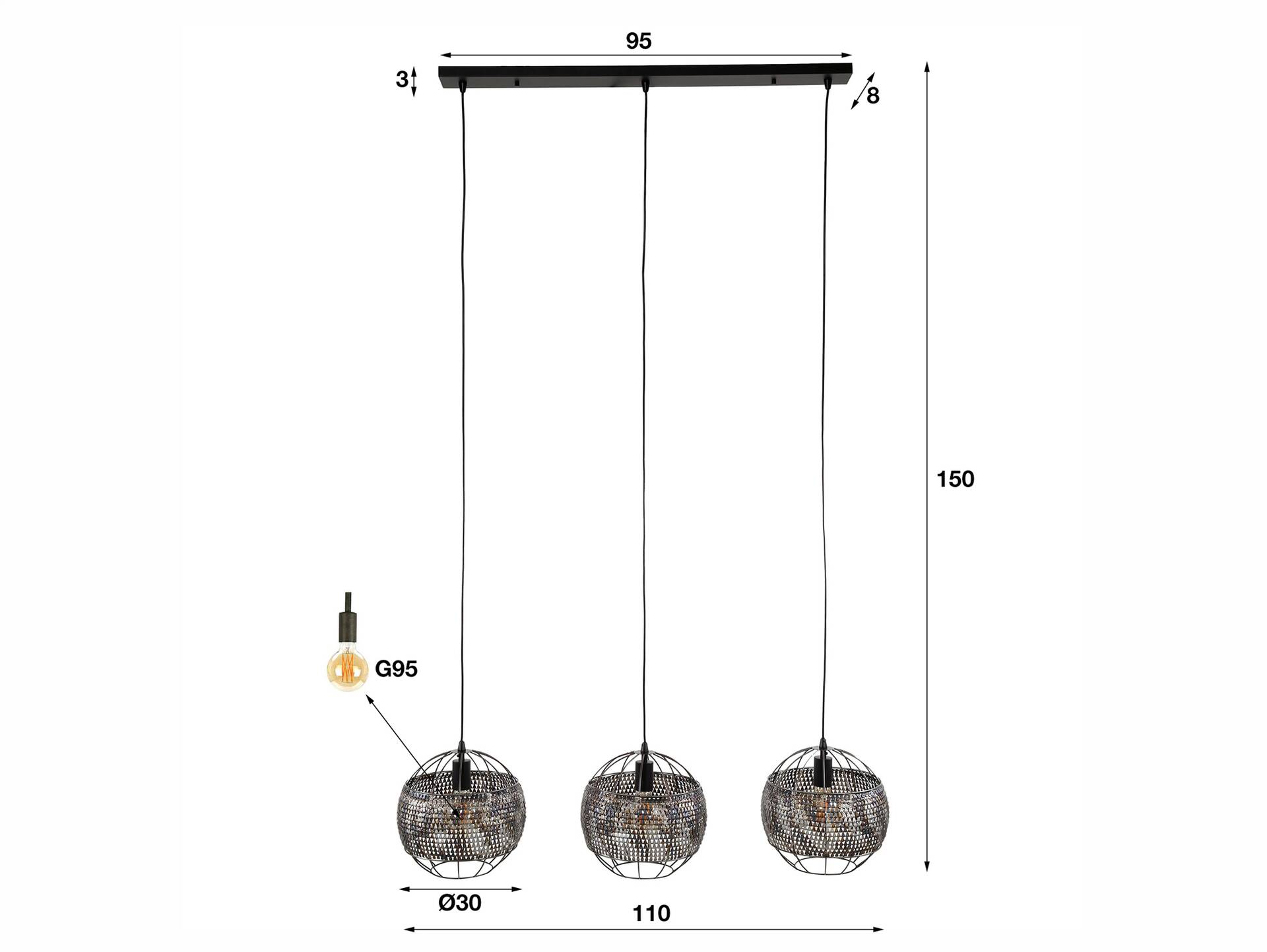 ESMA Pendellampe, 3-flammig, Material Metall, schwarz-braun 