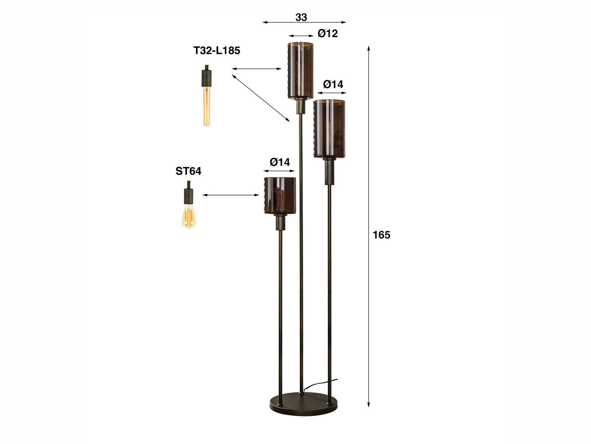 ARAS Stehlampe, 3-flammig, Material Metall/Glas, braun 