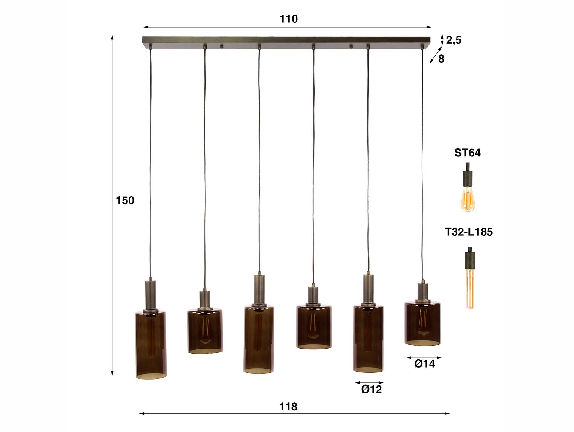 ARAS Hängelampe, 6-flammig, Material Metall/Glas, braun 