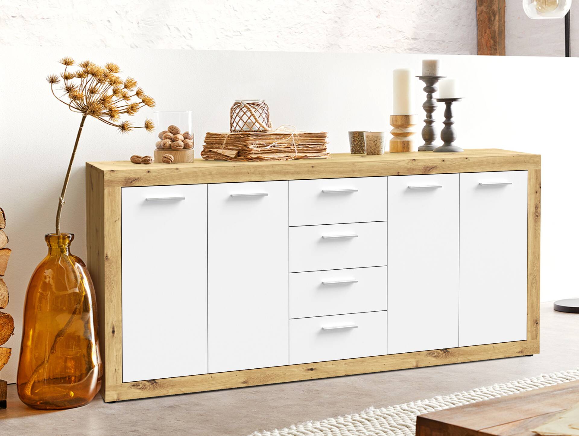 BEGGY Sideboard, Material Dekorspanplatte, Artisan Eiche Nachbildung/weiss 