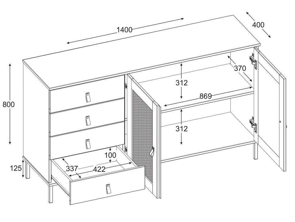 CINOY Sideboard III, Material Massivholz, Kiefer lackiert weiss