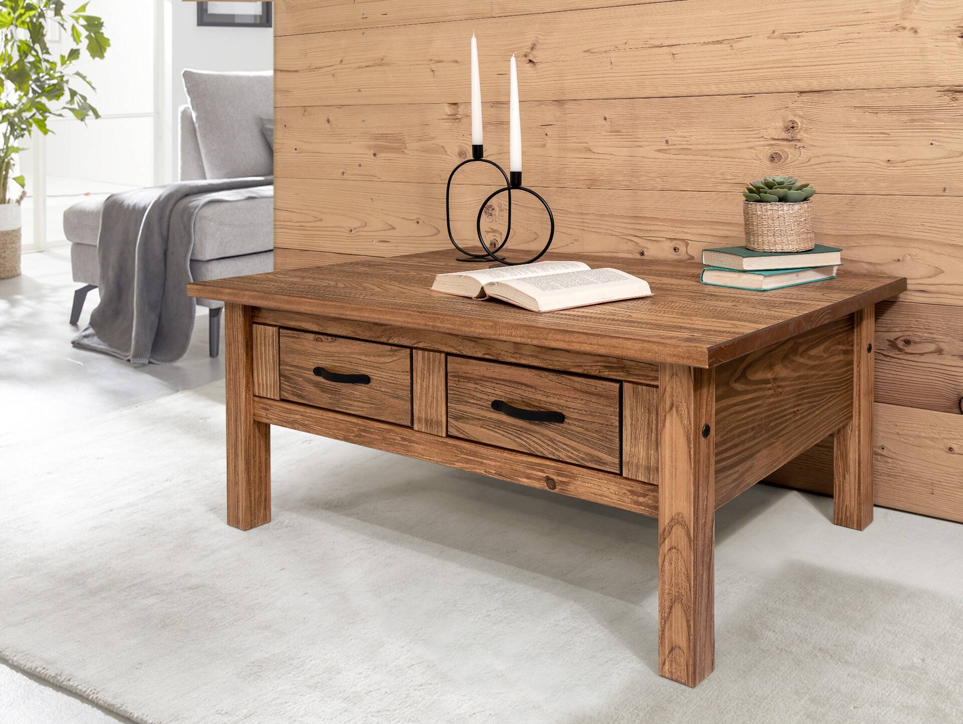EVERGLADE Couchtisch, Material Massivholz, Kiefer eichefarbig 