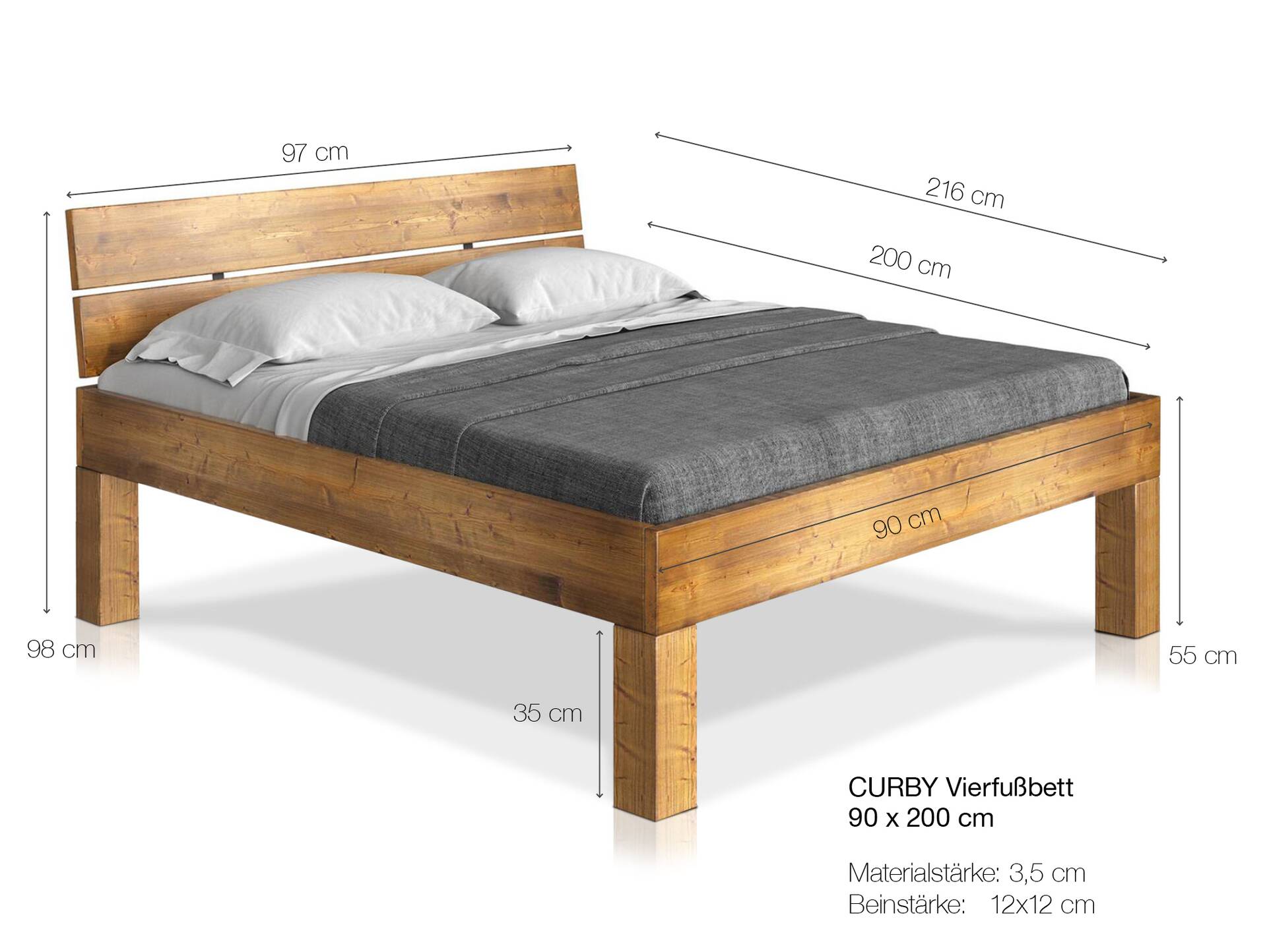 CURBY 4-Fuß-Bett mit Kopfteil, Material Massivholz, rustikale Altholzoptik, Fichte 90 x 200 cm | natur | Komforthöhe