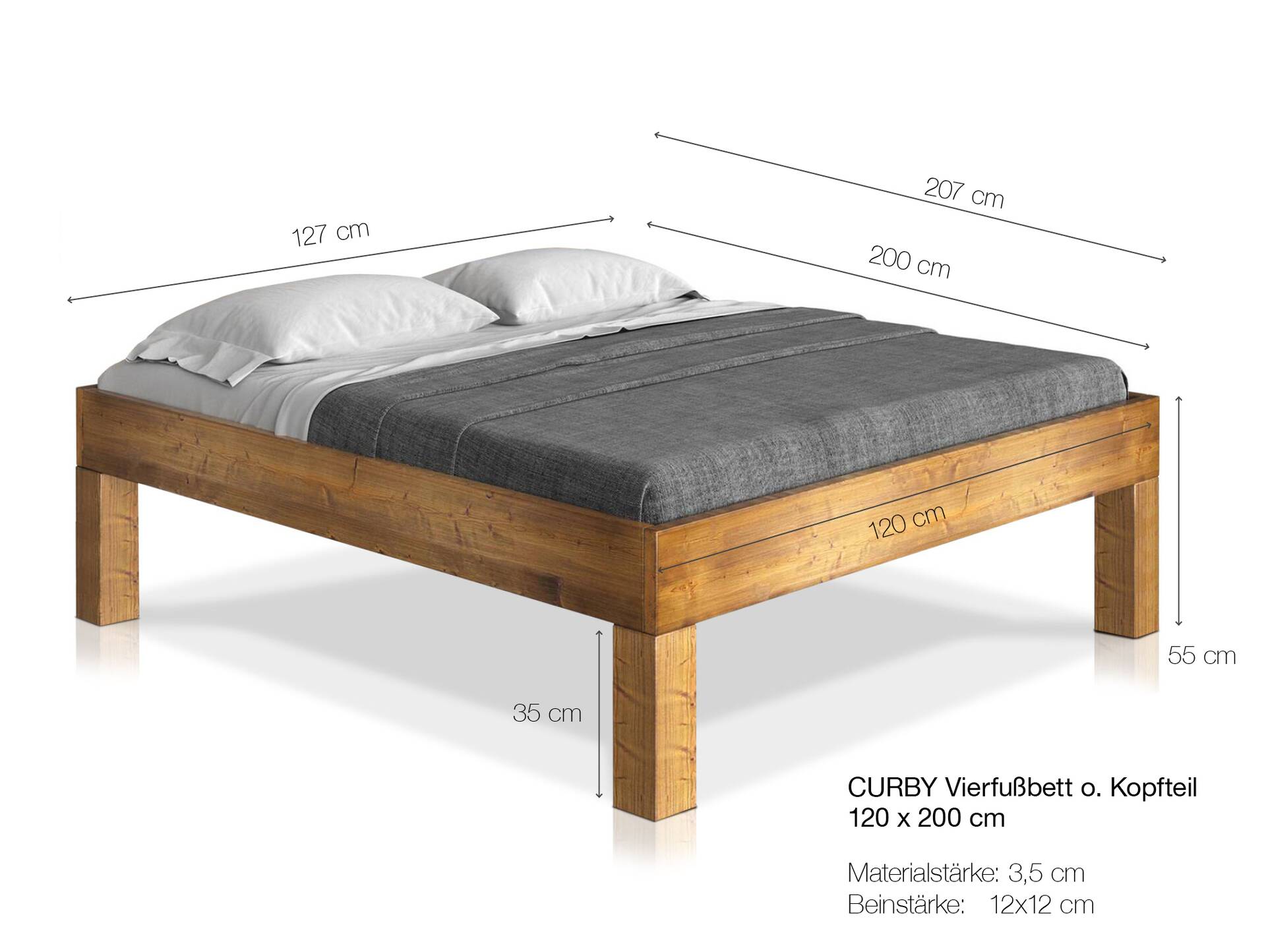 CURBY 4-Fuß-Bett ohne Kopfteil, Material Massivholz, rustikale Altholzoptik, Fichte 120 x 200 cm | natur | Komforthöhe