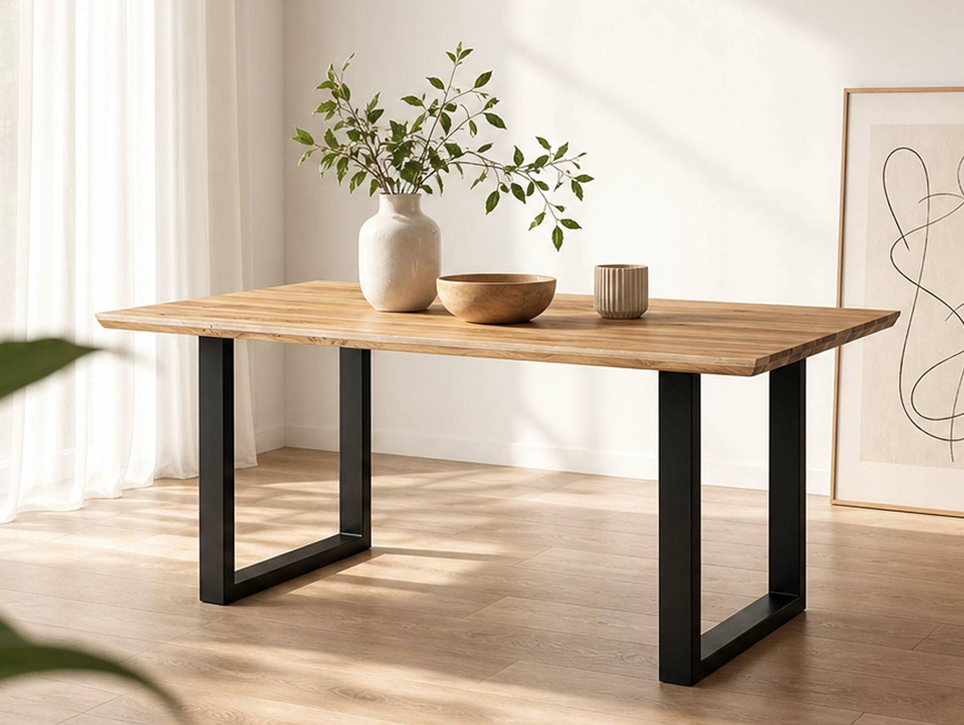 DAYTONA Esstisch I mit Schweizer Kante, Material Massivholz Eiche, Beine Metall schwarz pulverbeschichtet 160 x 90 cm