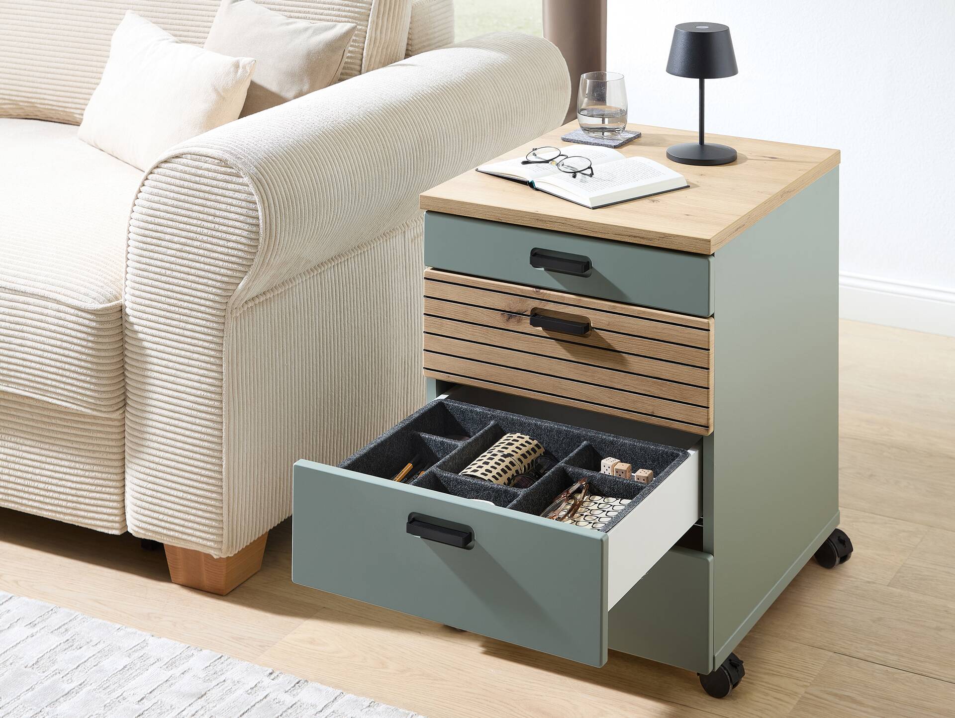 GENNY Rollcontainer, Material Dekorspanplatte Schilfgrün / Artisan Eichefarbig