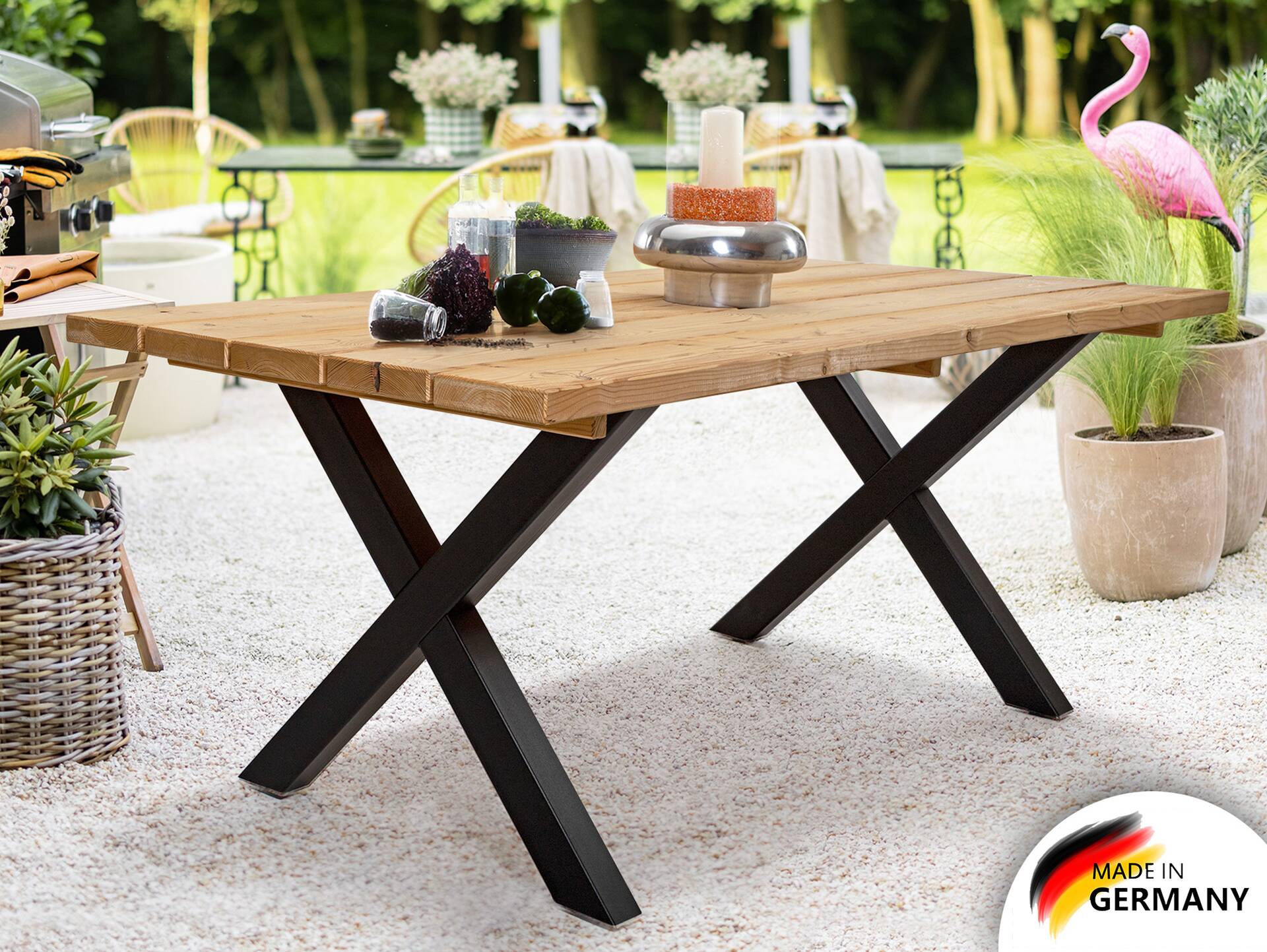 KENTUCKY Esstisch / Gartentisch mit X-Beinen, Altholzoptik, THERMO-Fichte gebürstet/lasiert 160 x 100 cm | natur