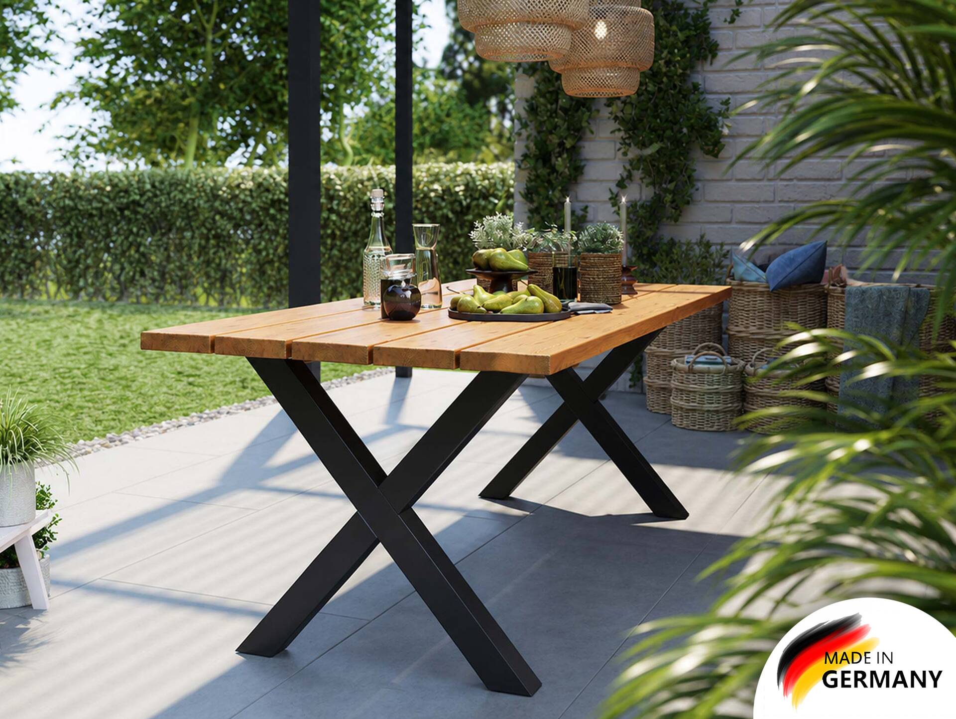 KENTUCKY Esstisch / Gartentisch mit X-Beinen, Altholzoptik, THERMO-Fichte gebürstet/lasiert 160 x 100 cm | natur