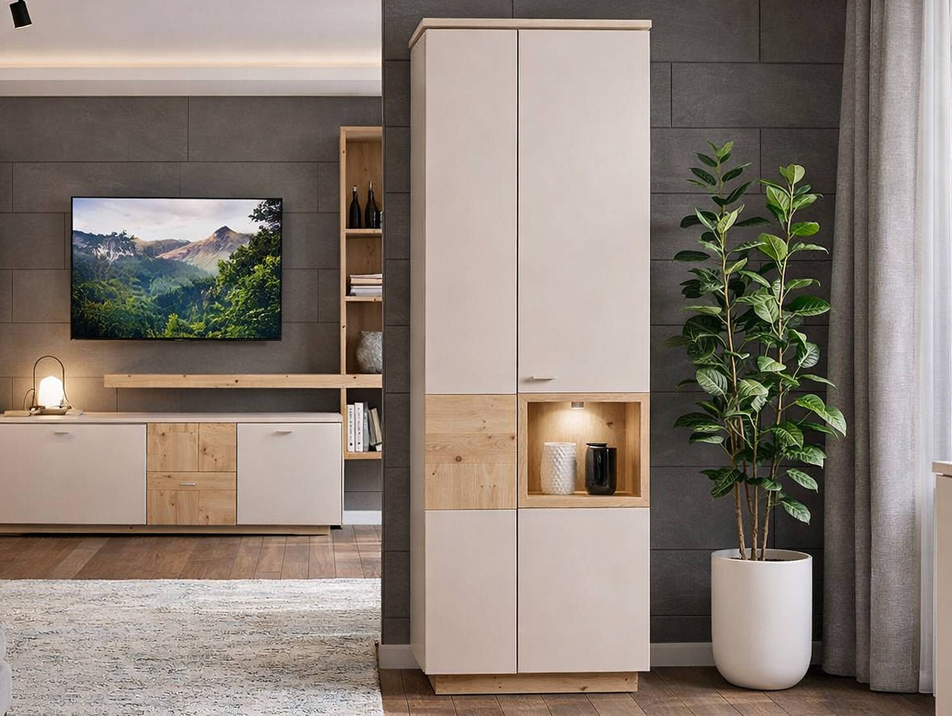 LEANDRO Vitrine, Material Spanplatte, Dekor Sand/Artisan Eichefarbig 