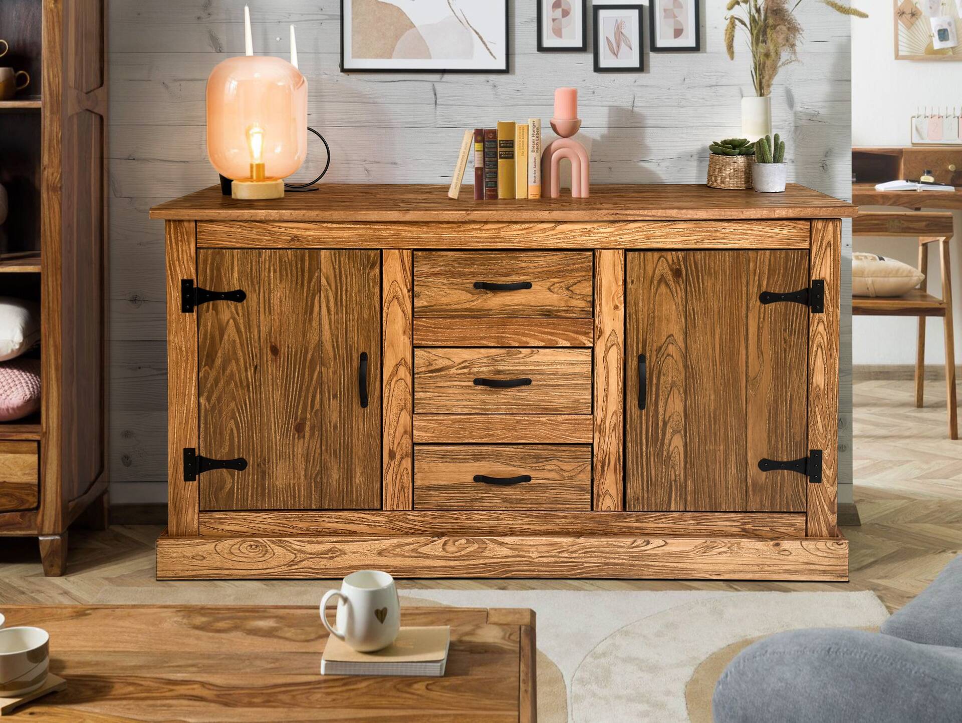 EVERGLADE Sideboard, Material Massivholz, Kiefer eichefarbig 