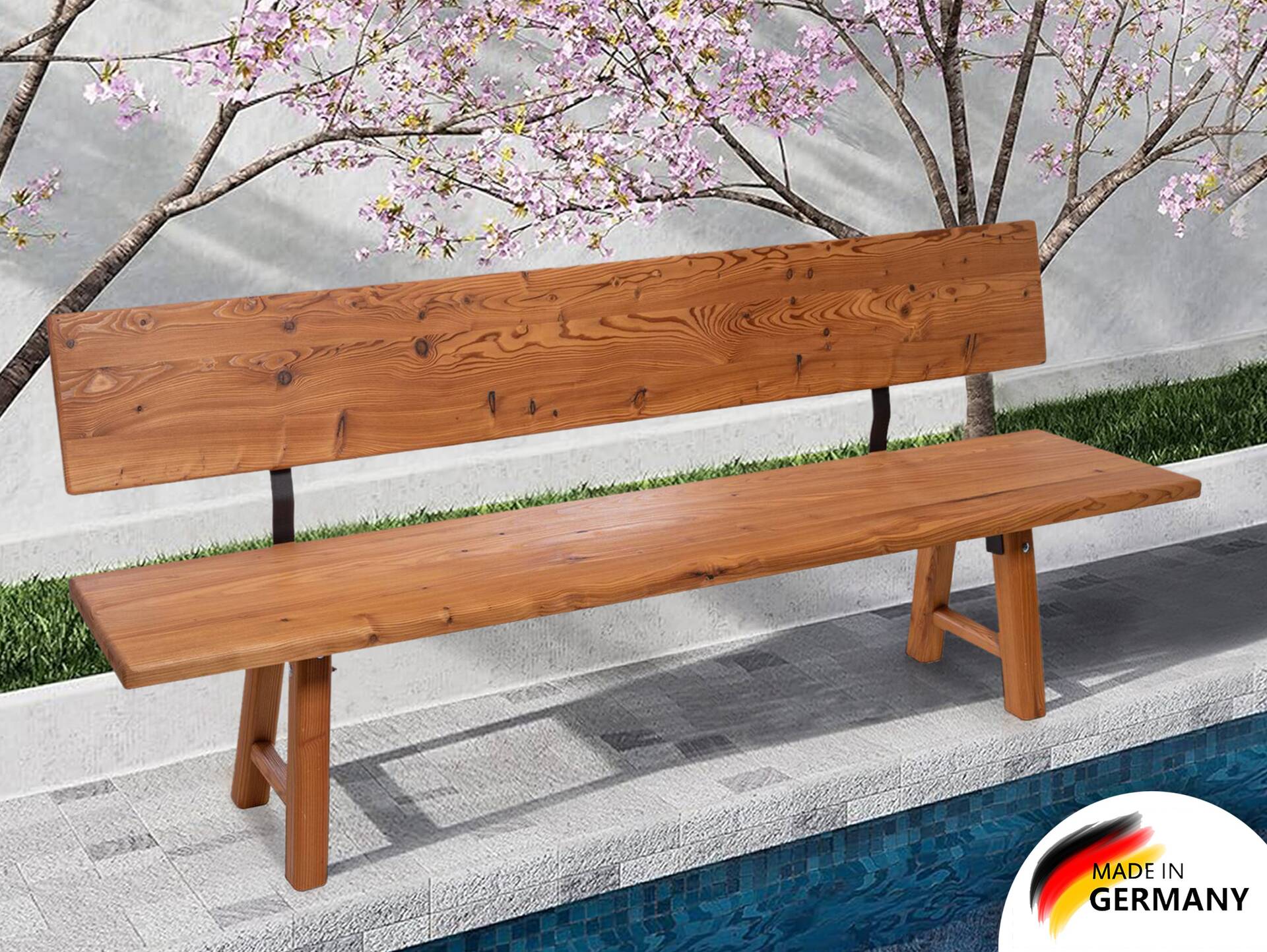 STARNBERG Sitzbank mit Rücken, Material Massivholz, Lärche gedämpft 260 cm | lackiert