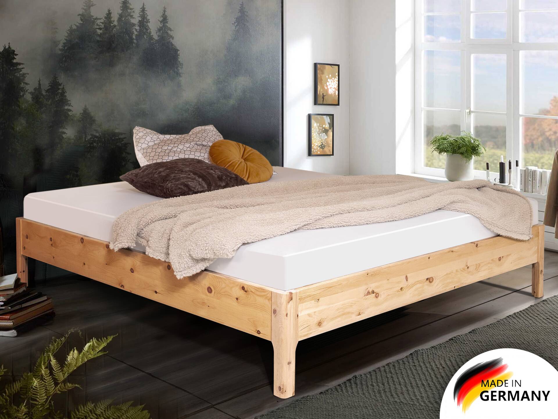 ZANDOR 4-Fuß-Zirbenbett ohne Kopfteil, Material Massivholz 120 x 200 cm